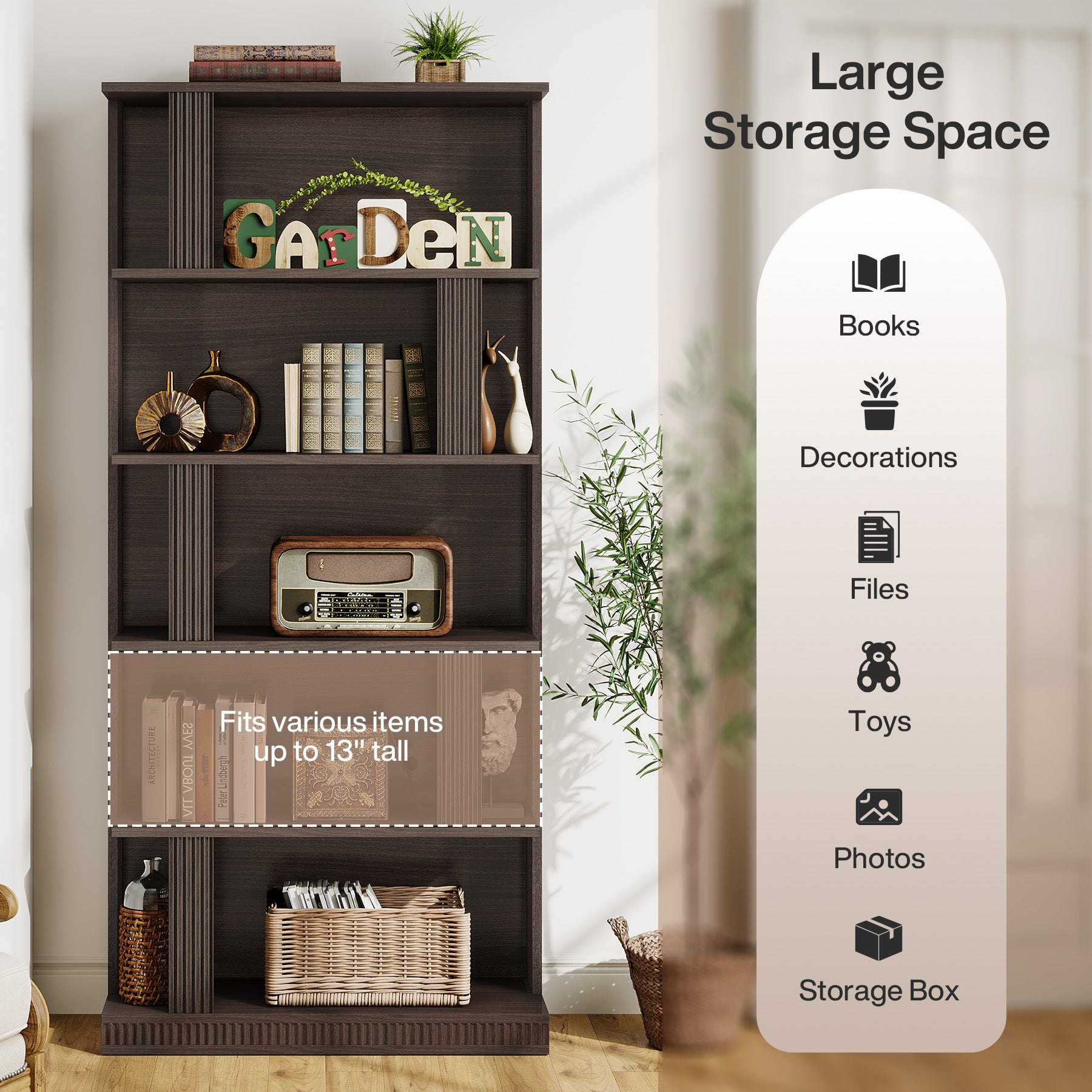 70" Bookshelf, 5-Tier Modern Bookcase with Open Display Shelves