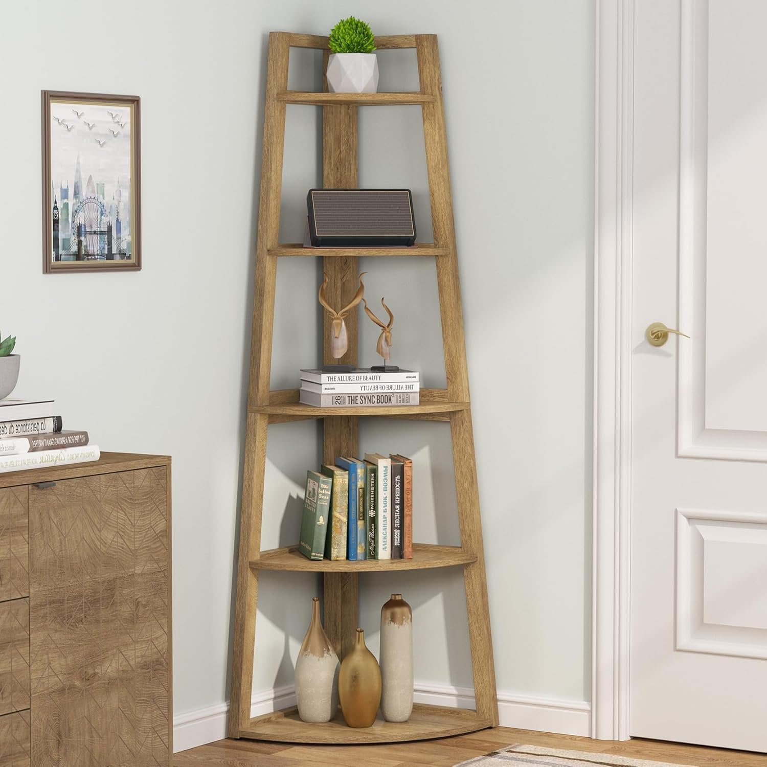70" Tall Corner Bookshelf, 5 Tier Modern Corner Bookcase Ladder Shelf Plant Stand