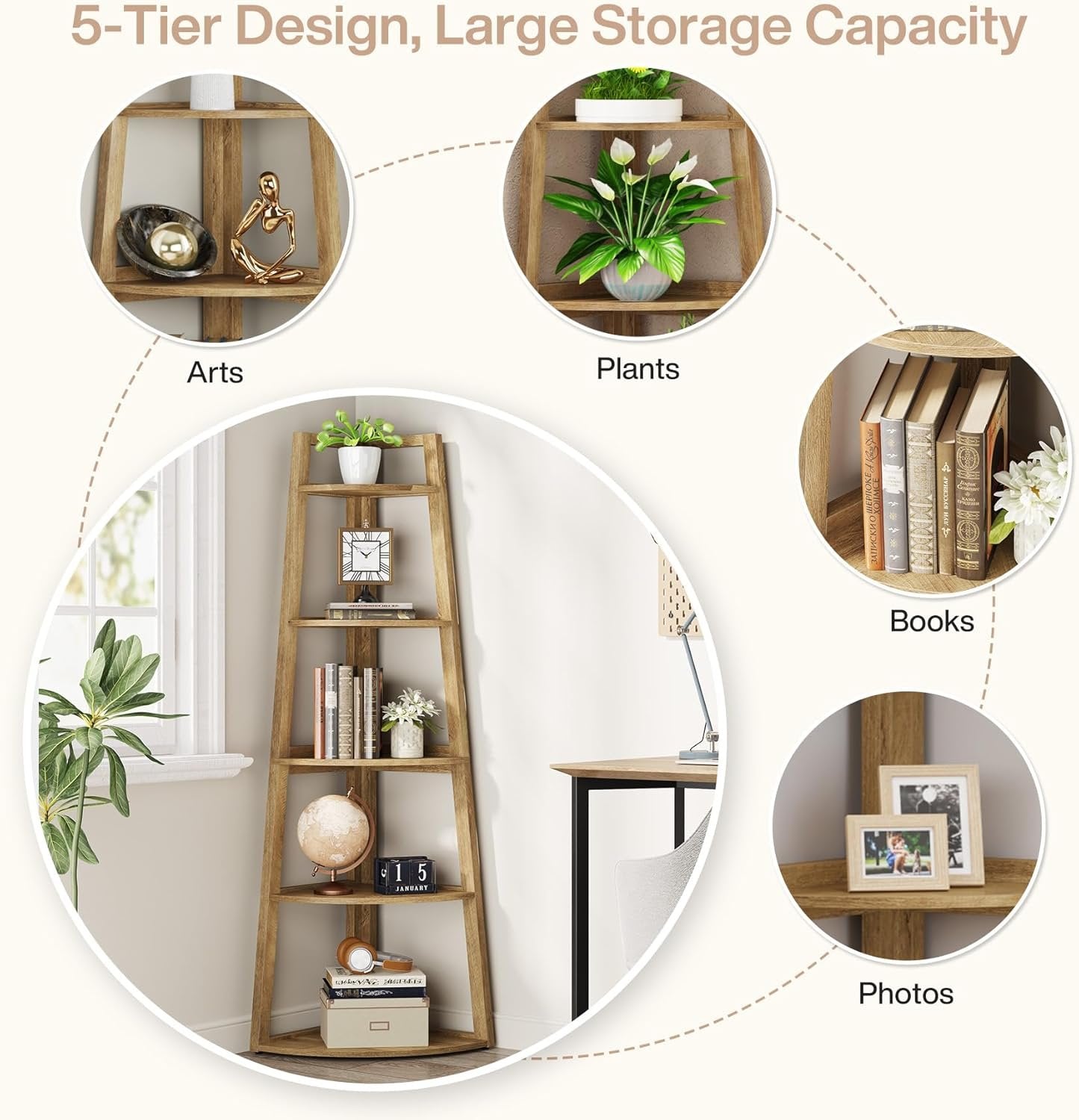 70" Tall Corner Bookshelf, 5 Tier Modern Corner Bookcase Ladder Shelf Plant Stand