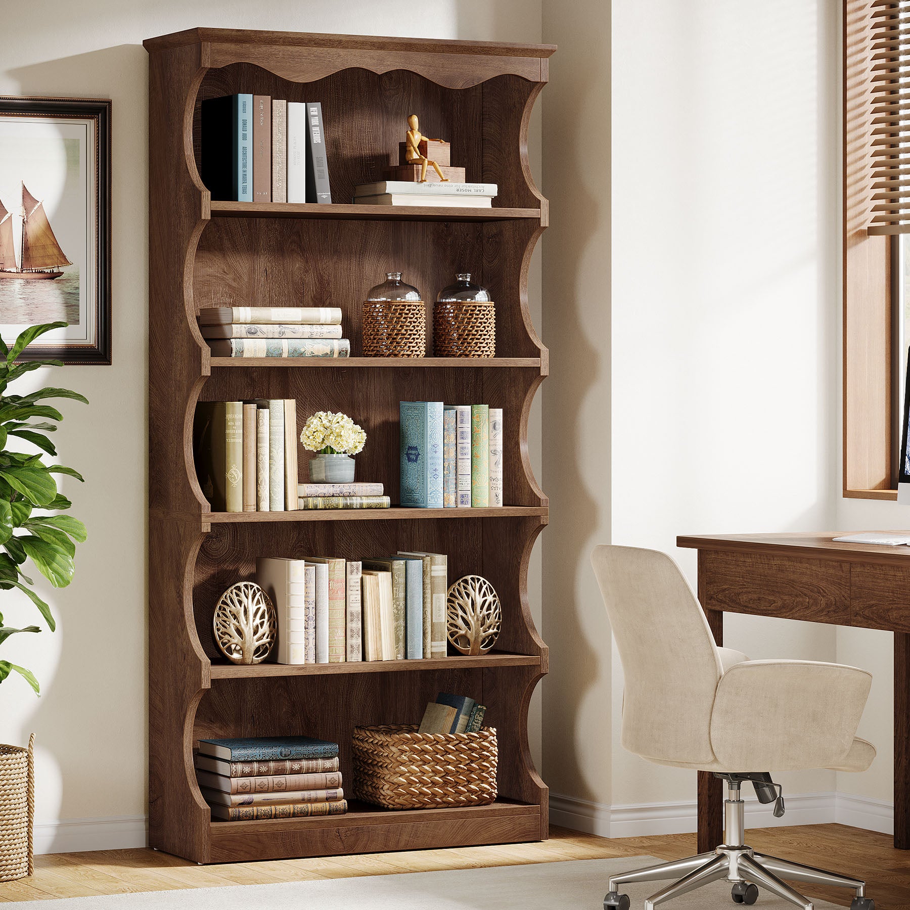 70" Vintage Bookcase, 5-Tier Bookshelf Display Shelves with Unique Curved-Edge Design