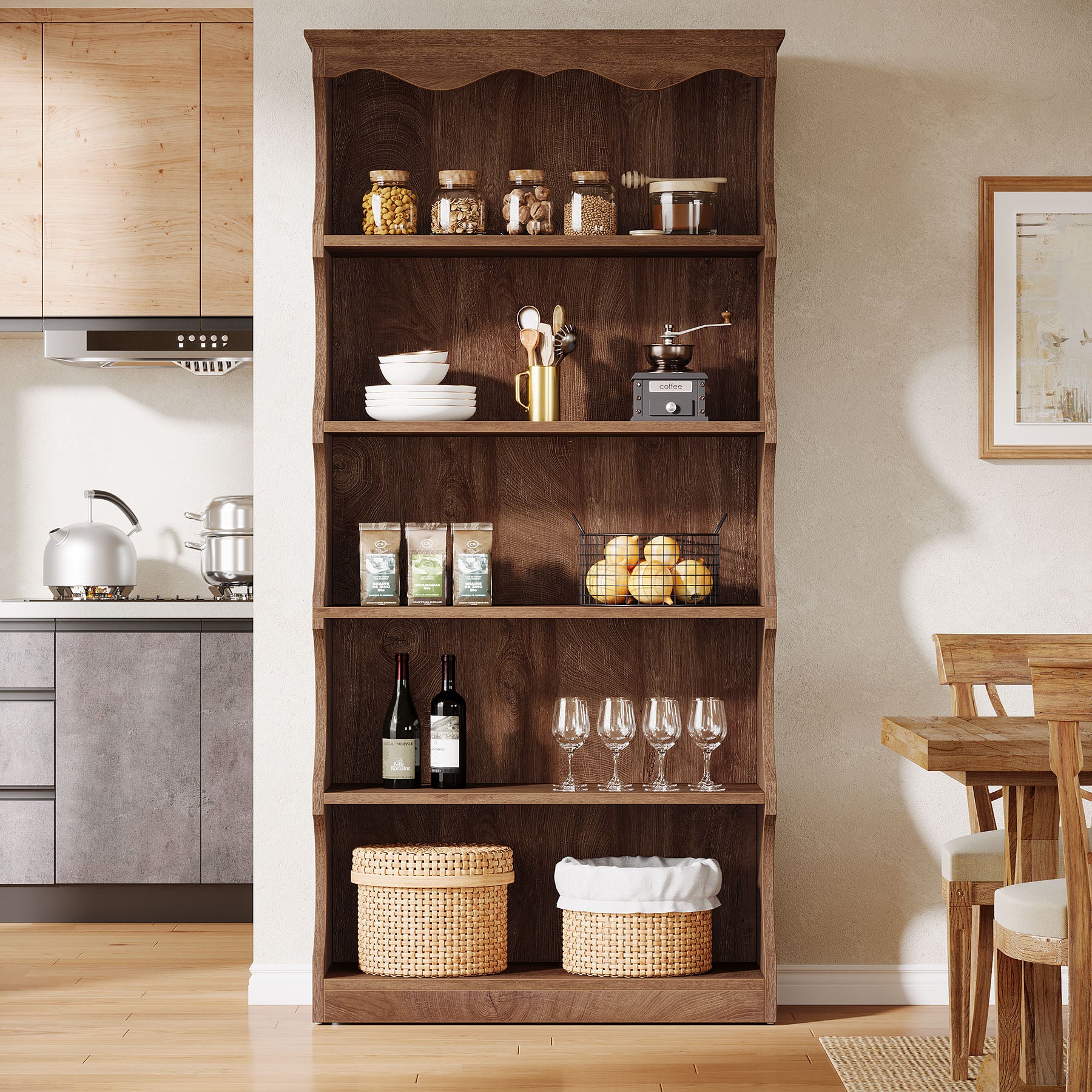 70" Vintage Bookcase, 5-Tier Bookshelf Display Shelves with Unique Curved-Edge Design