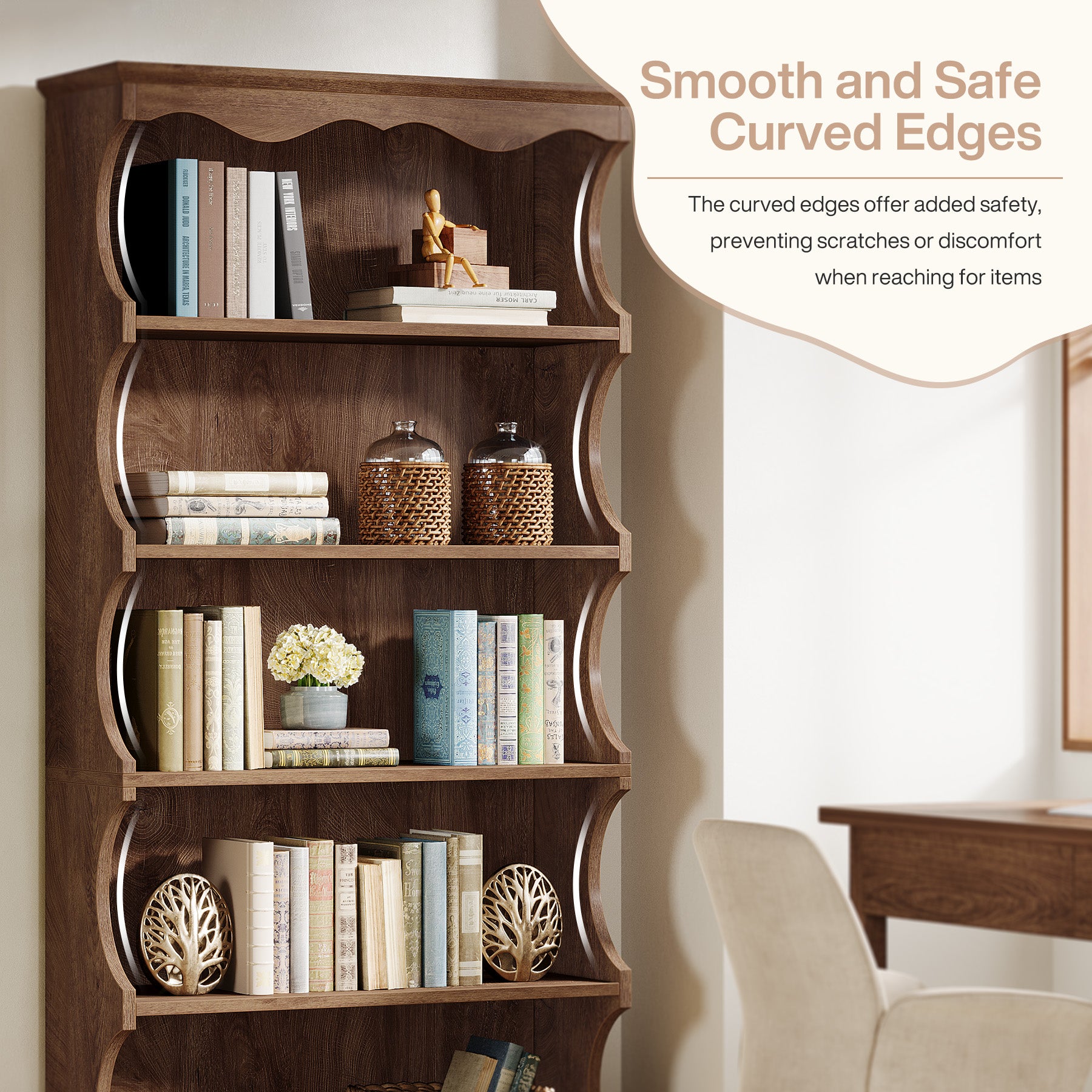 70" Vintage Bookcase, 5-Tier Bookshelf Display Shelves with Unique Curved-Edge Design