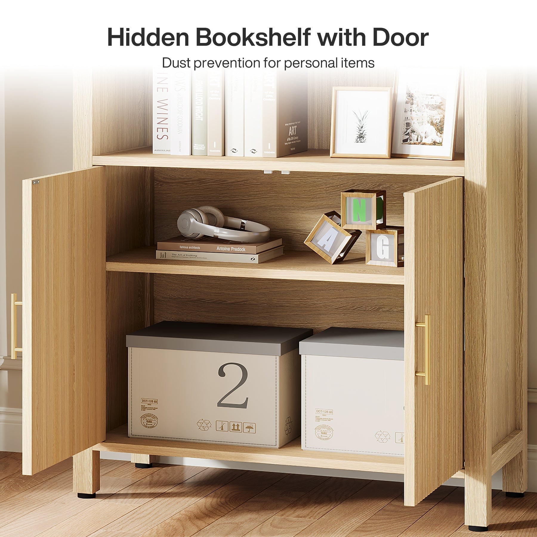 71" Bookcase, 5 - Tier Arched Bookshelf with Doors and Fluted Design Tribesigns