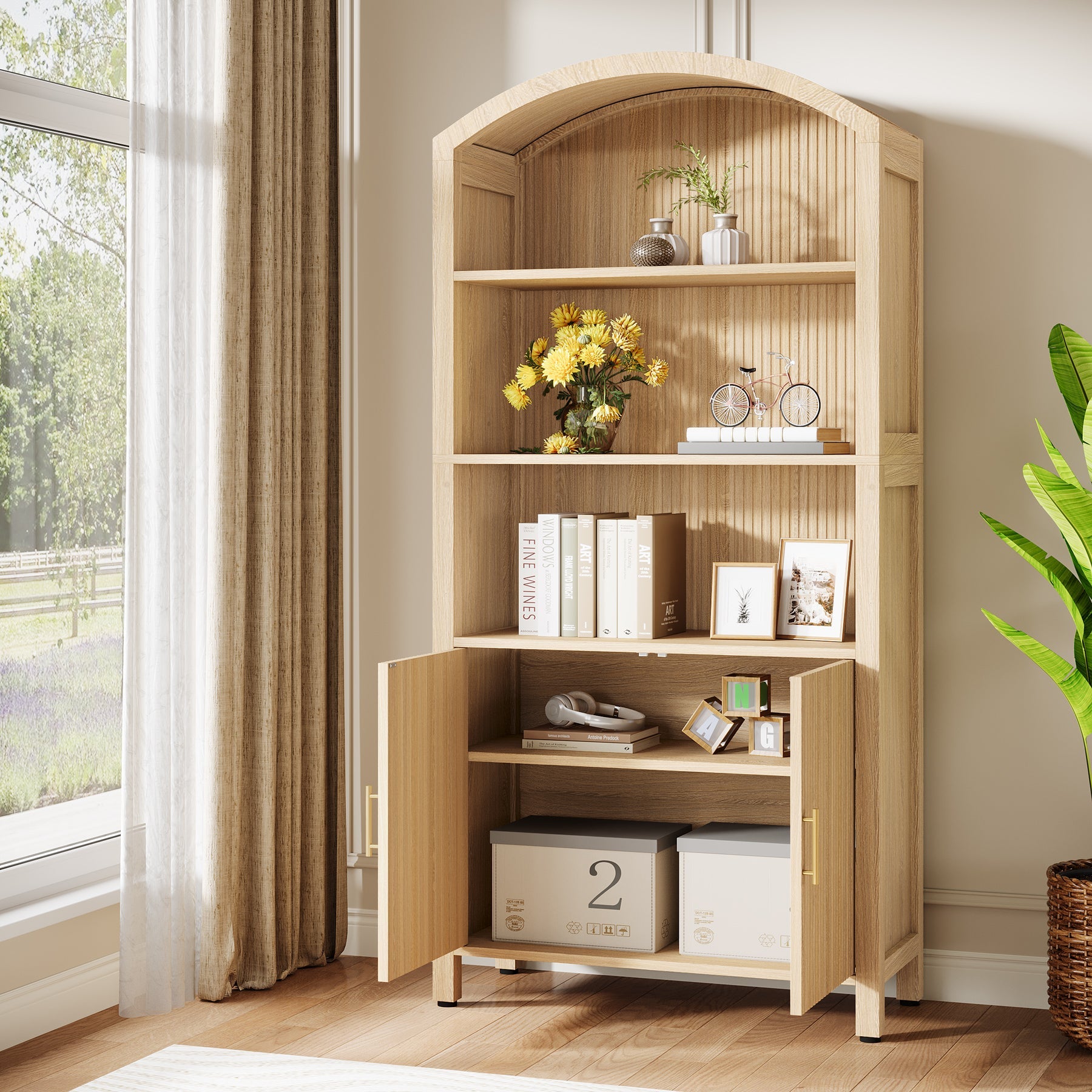 71" Bookcase, 5 - Tier Arched Bookshelf with Doors and Fluted Design Tribesigns