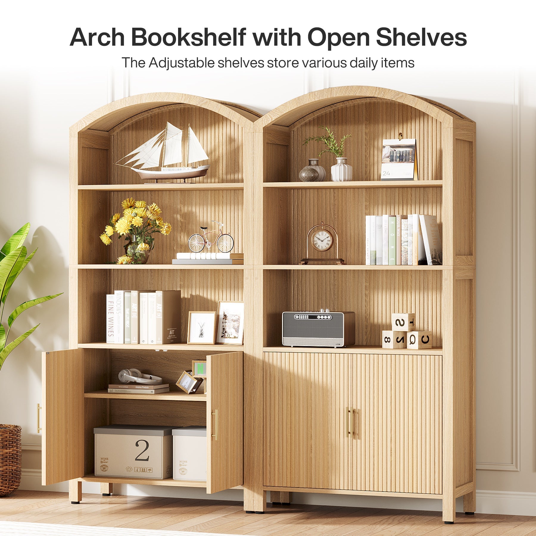 71" Bookcase, 5 - Tier Arched Bookshelf with Doors and Fluted Design Tribesigns