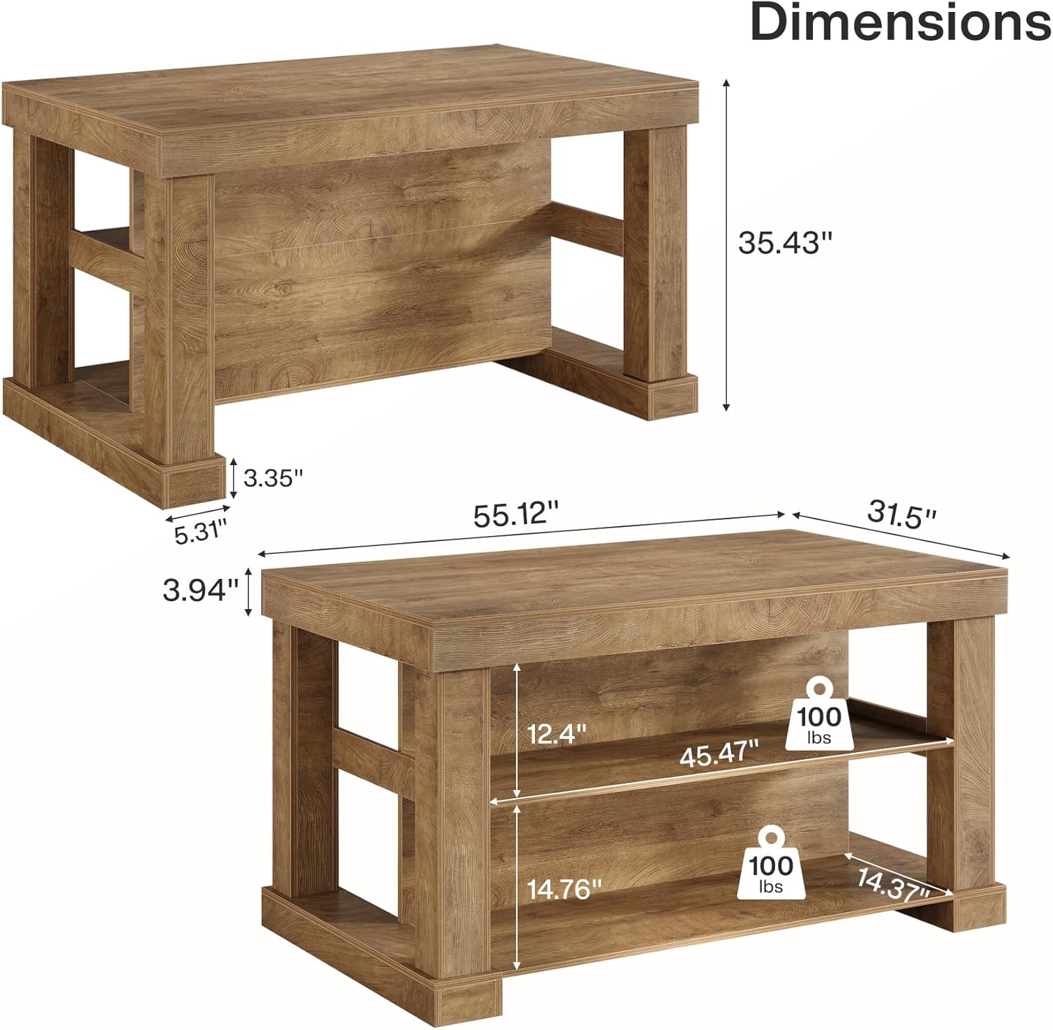 55" Counter Height Bar Table with Storage Shelves, Rectangular Kitchen Table for 6