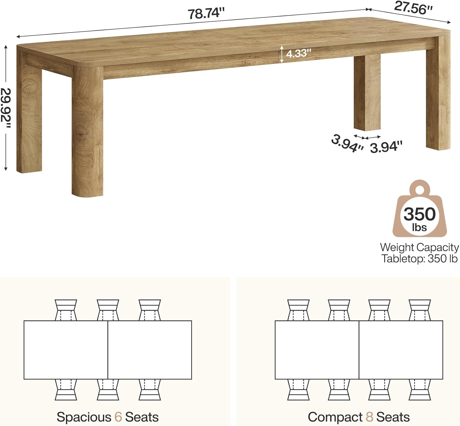78.74" Dining Table for 6-8, Farmhouse Kitchen Table with Rounded Edges