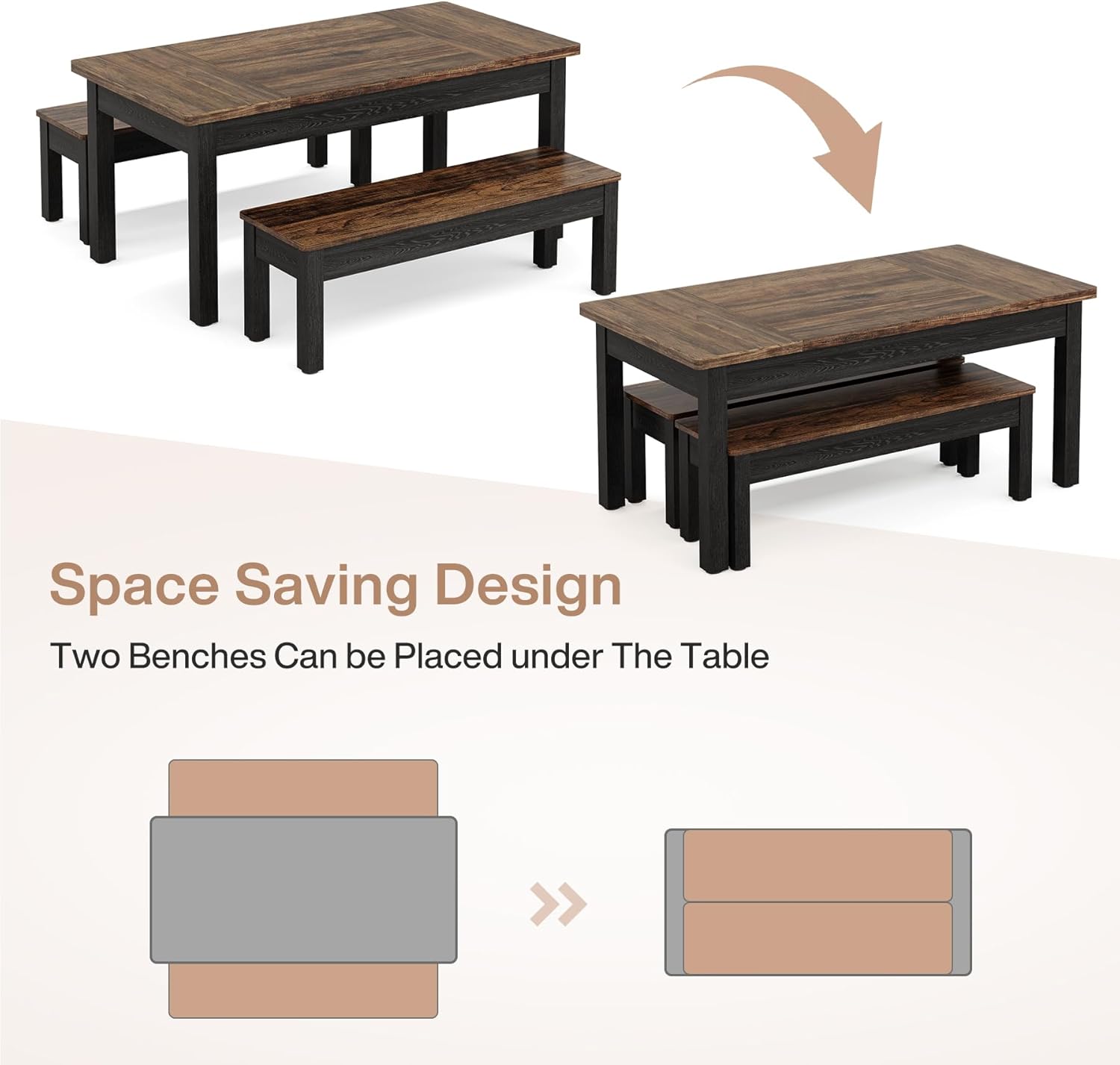 55" Farmhouse Kitchen Table Set for 4–6 People, 3 Piece Space Saving Dining Table with 2 Benches