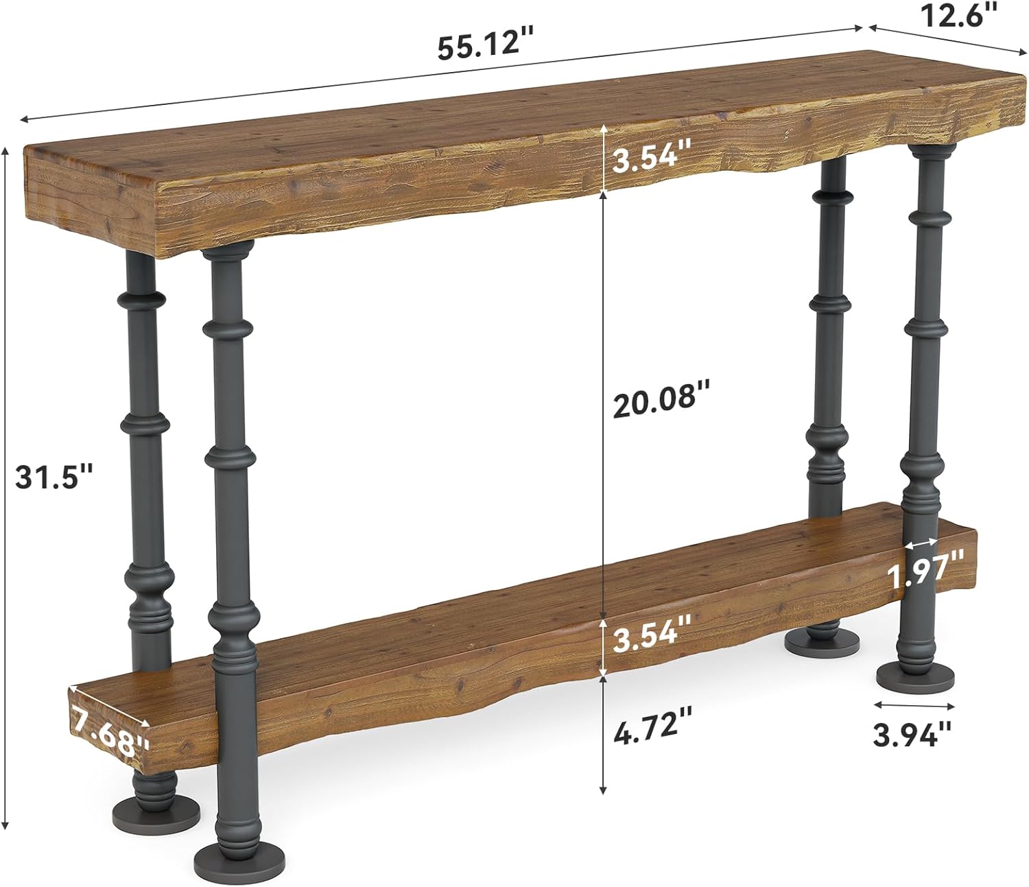 Solid Wood Console Table, 55" Industrial Sofa Table with Shelf
