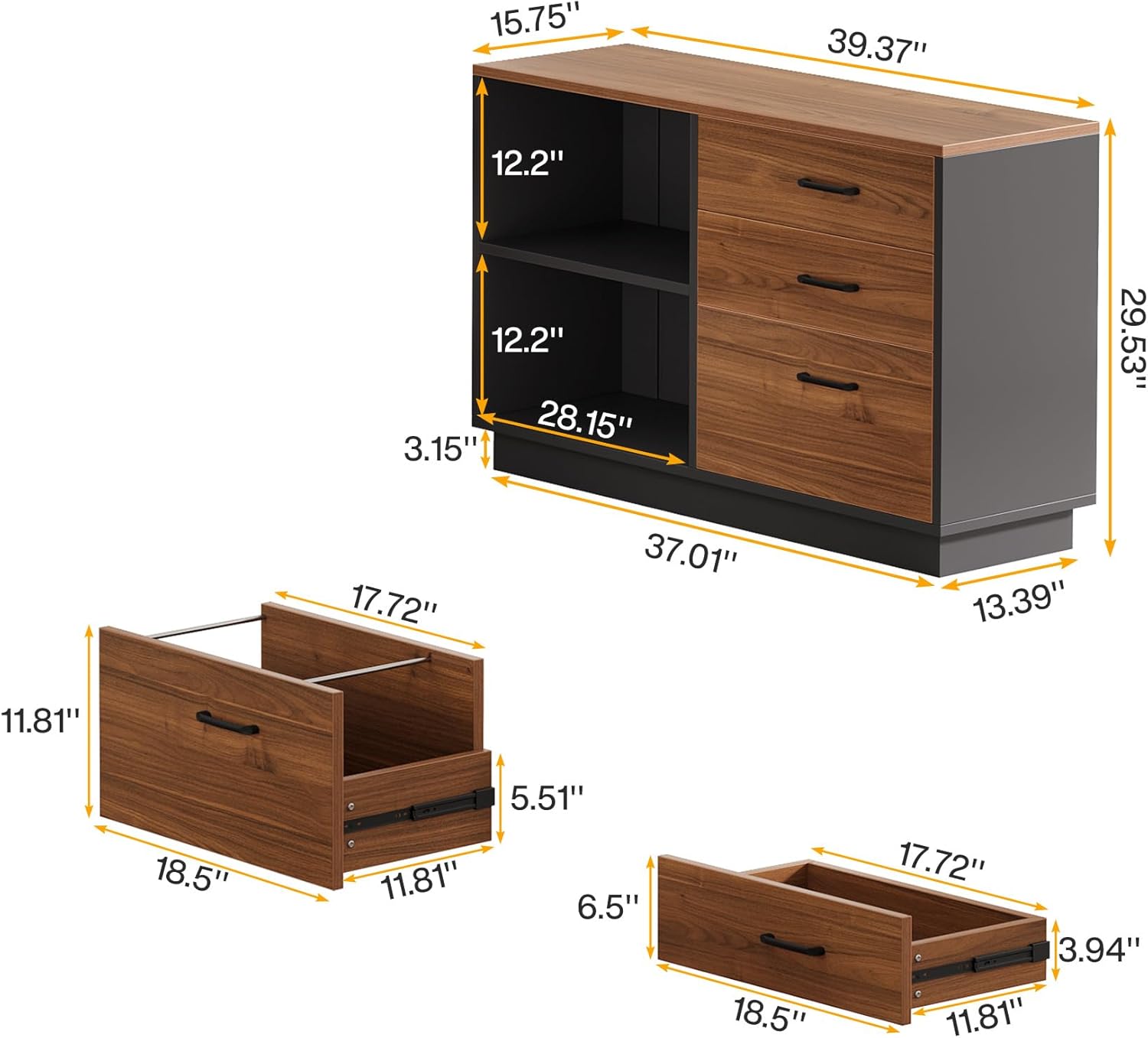 3-Drawer File Cabinet, Modern 39" Storage Cabinet With 2 Open Shelves