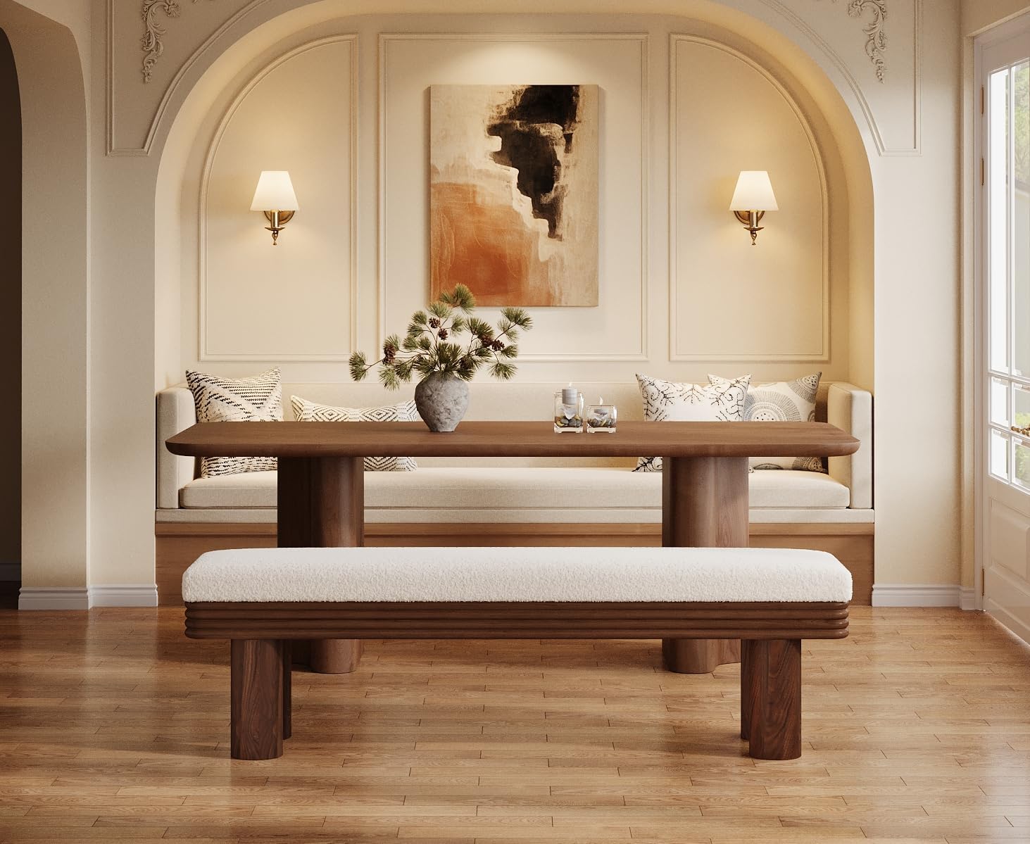 55" Upholstered Dining Bench with Faux Shearling Padded Seat