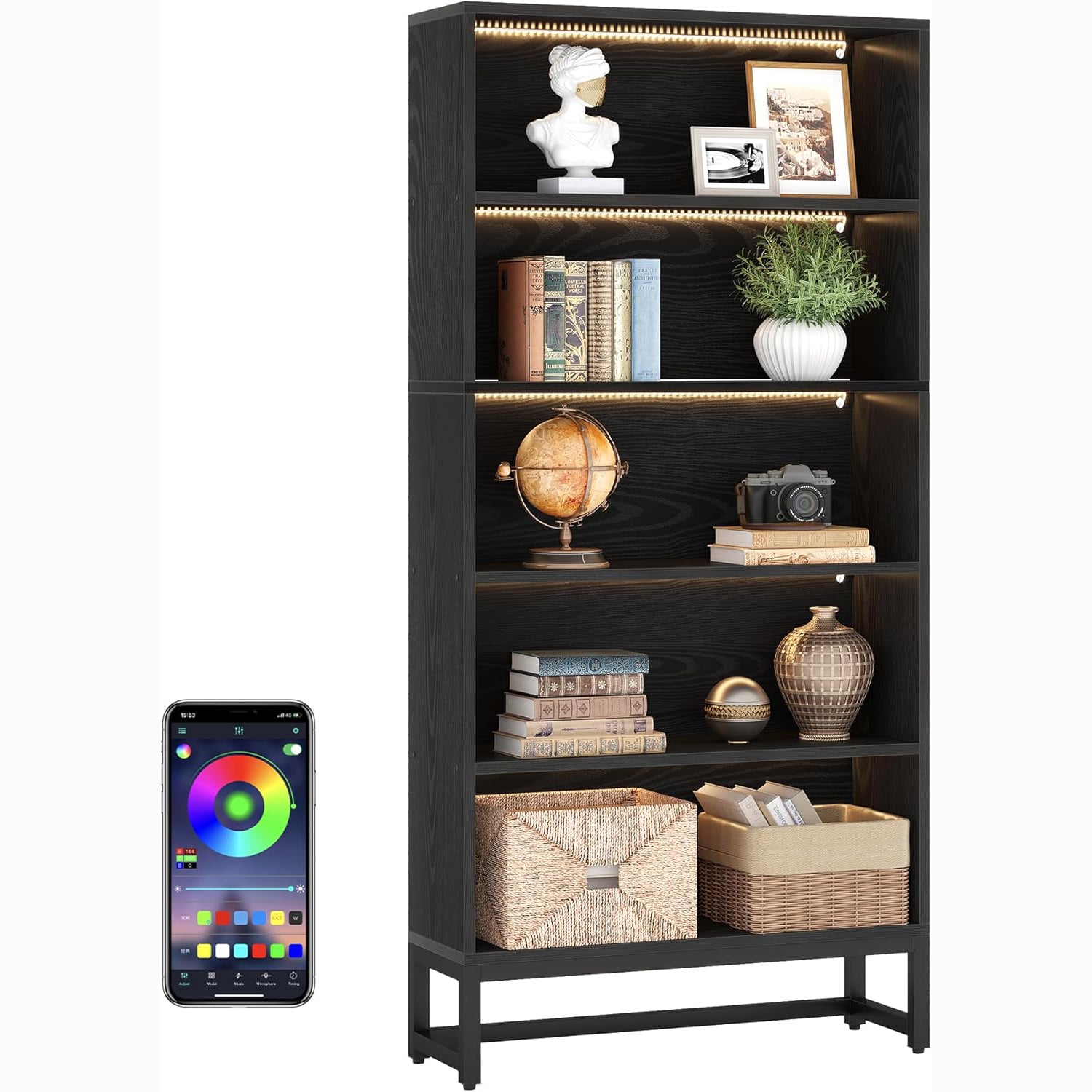 Tribesigns 70.8-Inch Tall Bookcase with LED Lights, 5-Tier Black Bookshelf Organizer