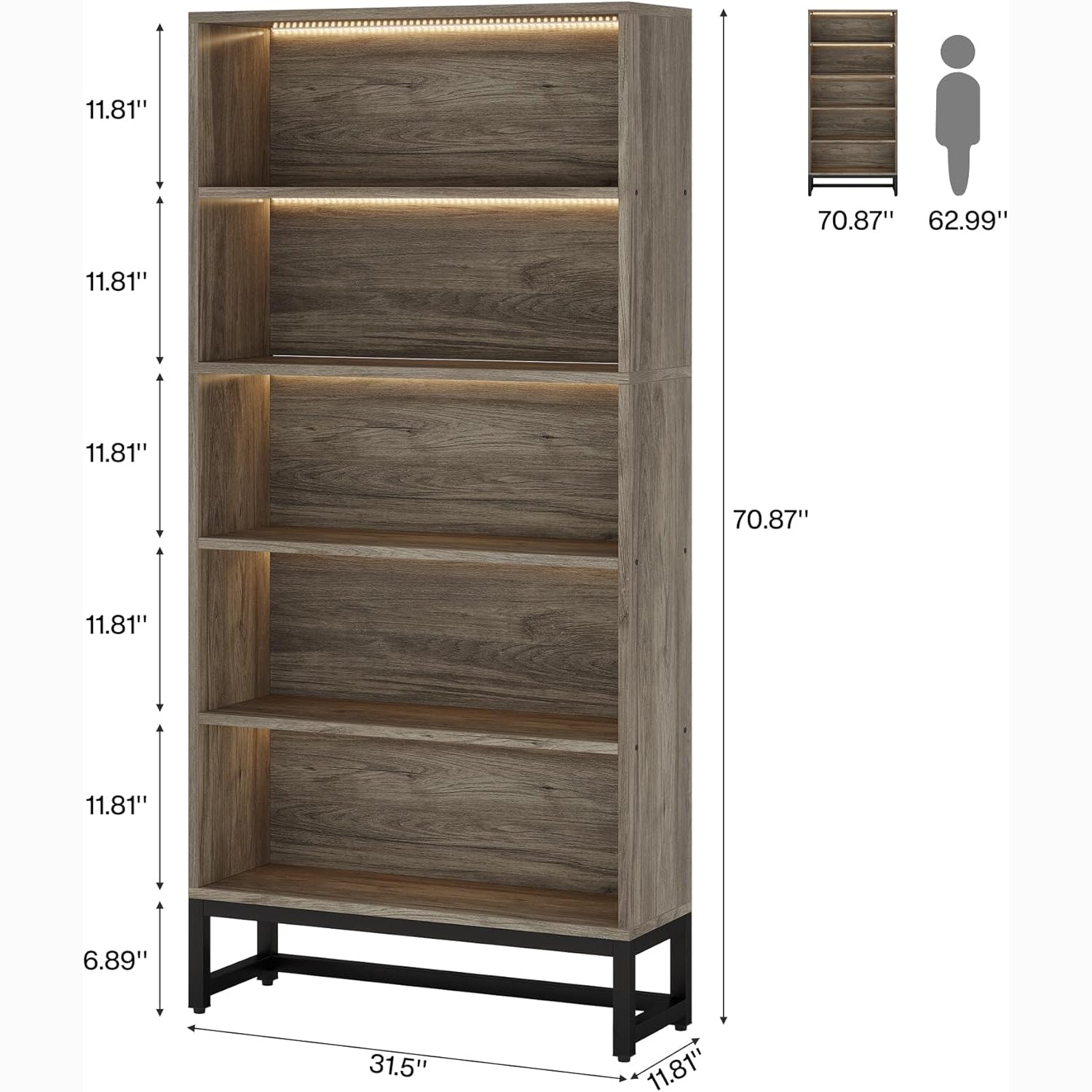 Tribesigns 70.8-Inch Tall Bookcase with LED Lights, 5-Tier Black Bookshelf Organizer