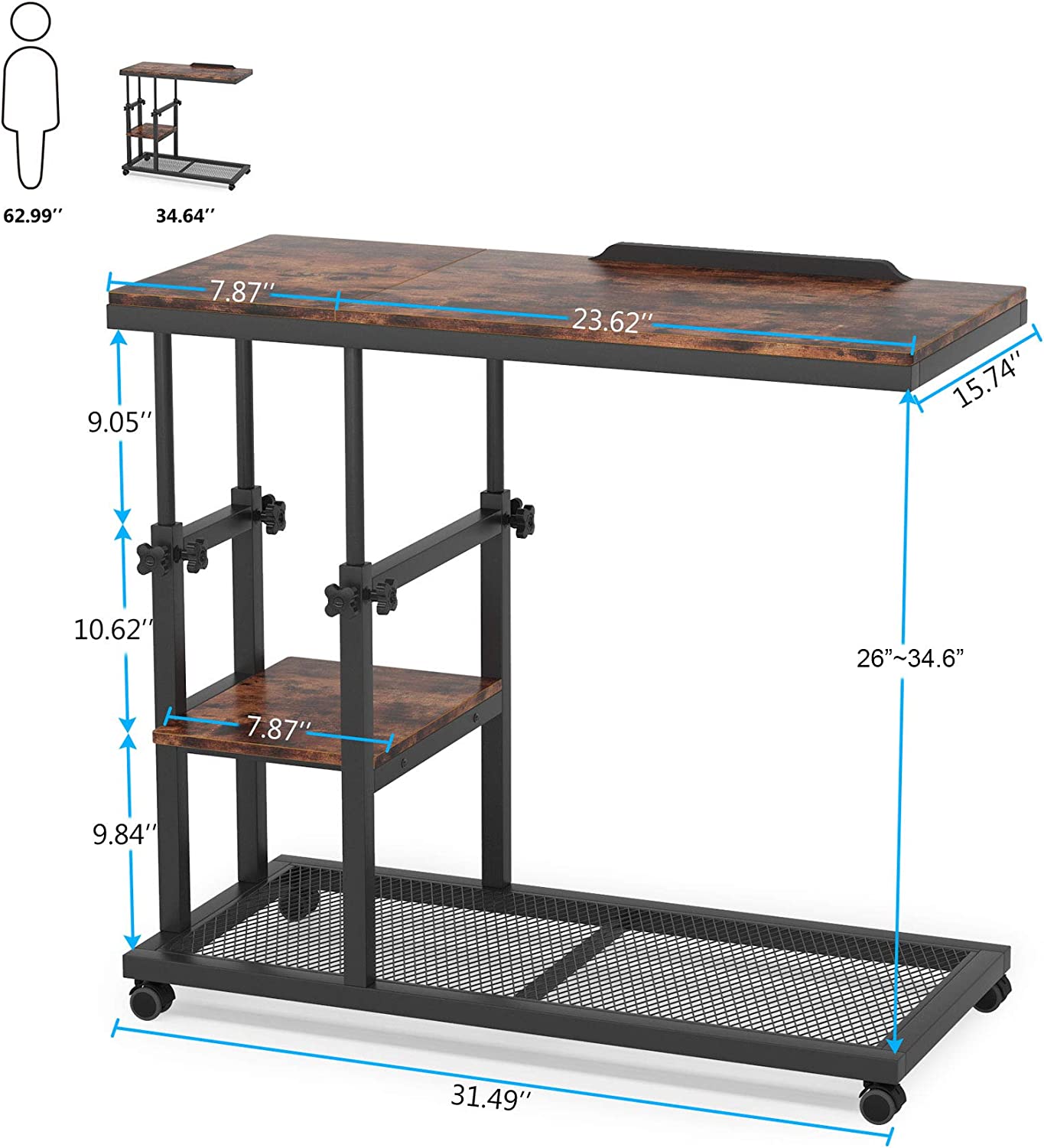 Mobile C Table, Height Adjustable Snack Tray Table with Wheels
