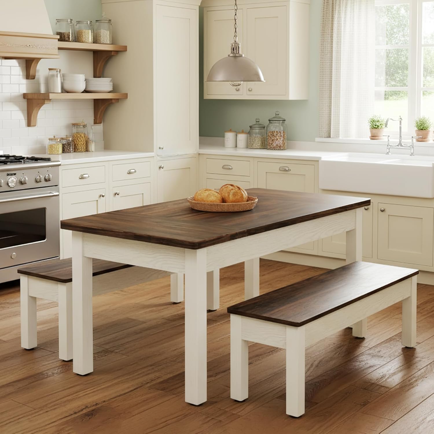 55" Farmhouse Kitchen Table Set for 4–6 People, 3 Piece Space Saving Dining Table with 2 Benches