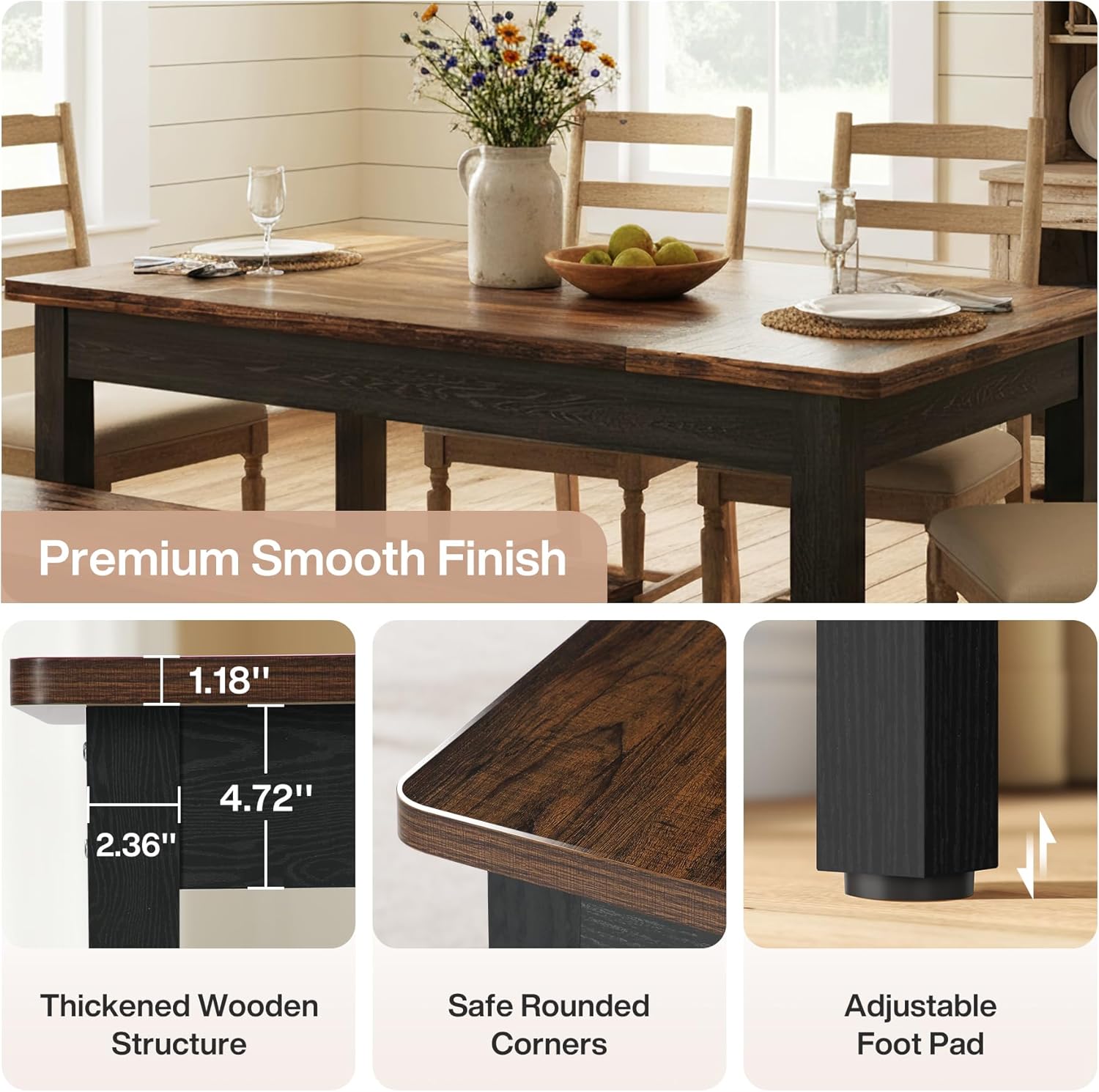 55" Farmhouse Kitchen Table Set for 4–6 People, 3 Piece Space Saving Dining Table with 2 Benches