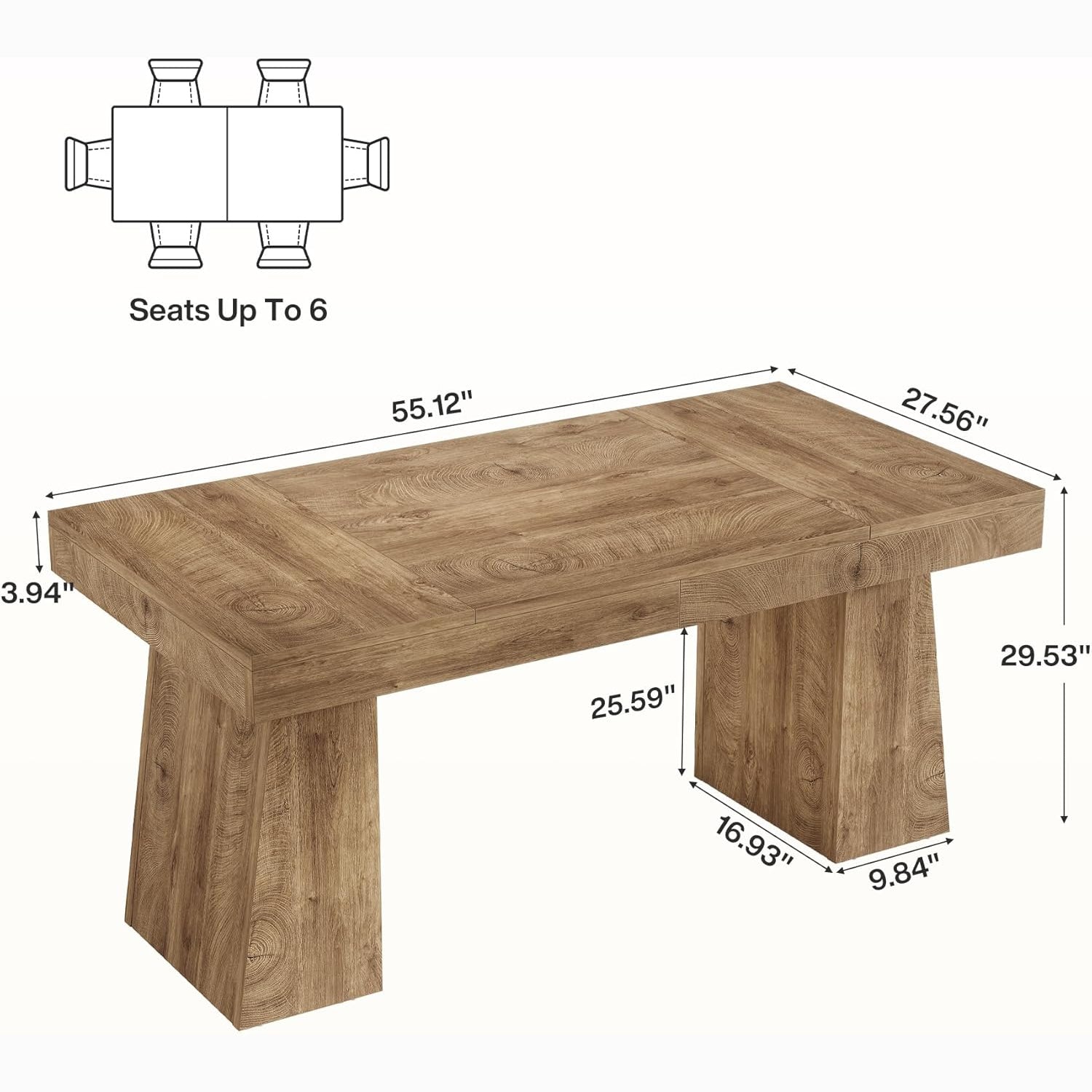 55 Inch Farmhouse Double Pedestal Dining Table, Rectangular Table for 4-6 in Small Spaces