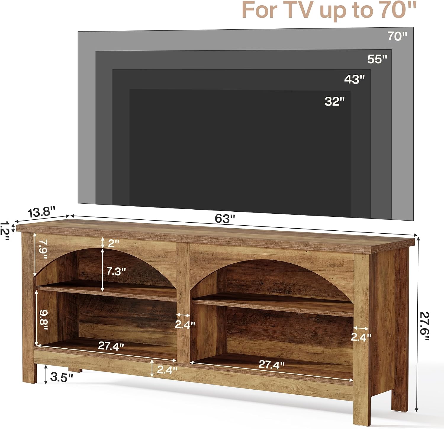 63" TV Stand, Farmhouse Entertainment Center with 2-tier Shelf