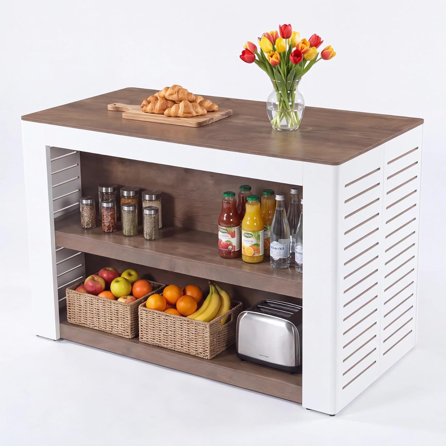 55" Farmhouse Kitchen Island, 3-Tier Wooden Stationary Island Table for Kitchen
