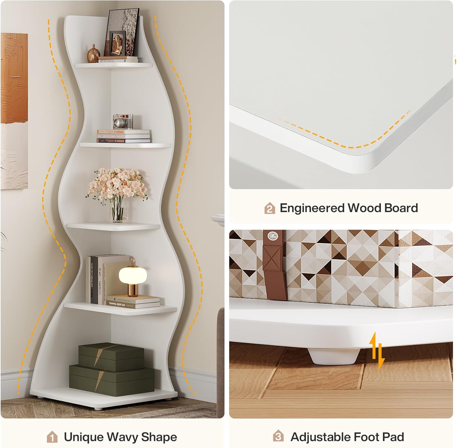 Tribesigns Wavy Corner Shelf, Modern 5-Tier Curved Bookshelf for Small Spaces