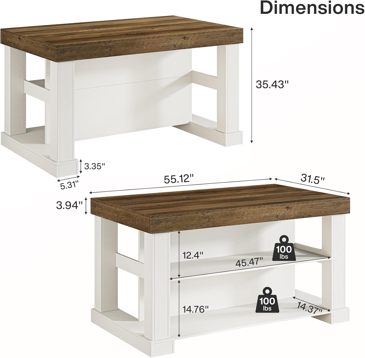 55" Counter Height Bar Table with Storage Shelves, Rectangular Kitchen Table for 6