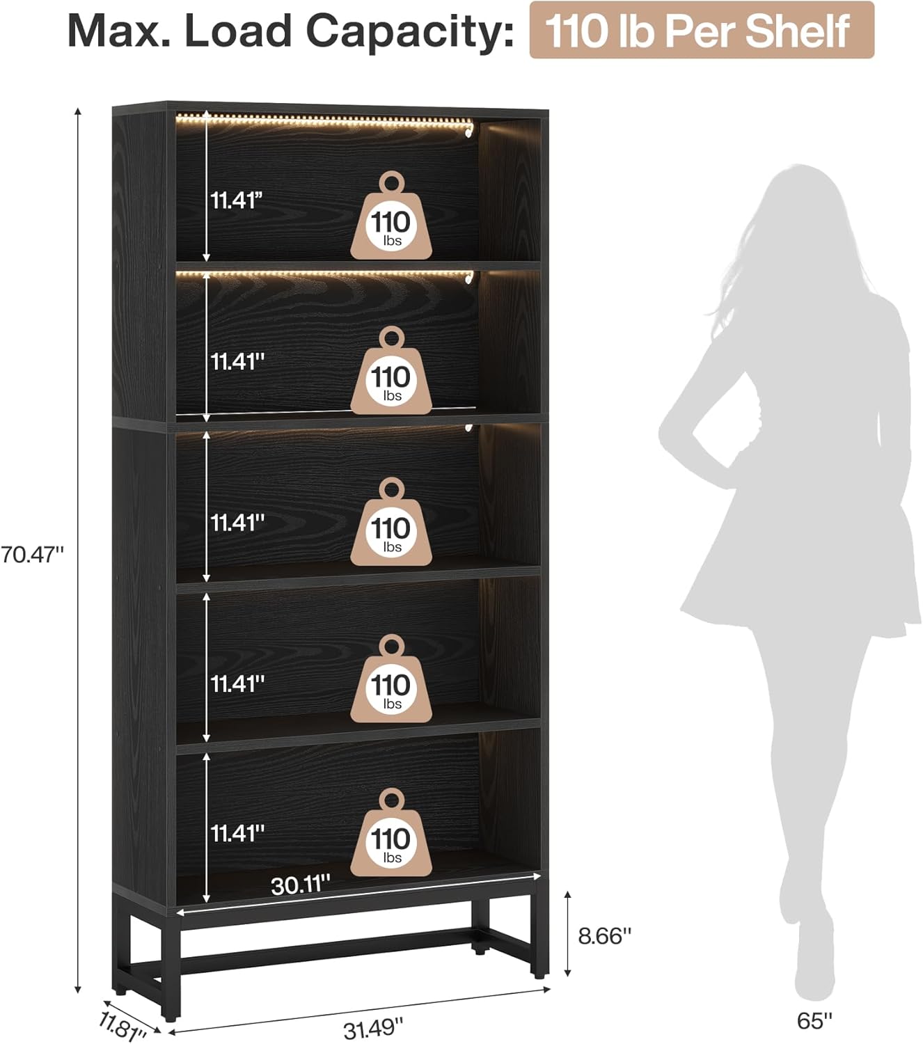 Tall Bookcase Black Bookshelf, 70.8” Large Bookcases Organizer with LED Lights