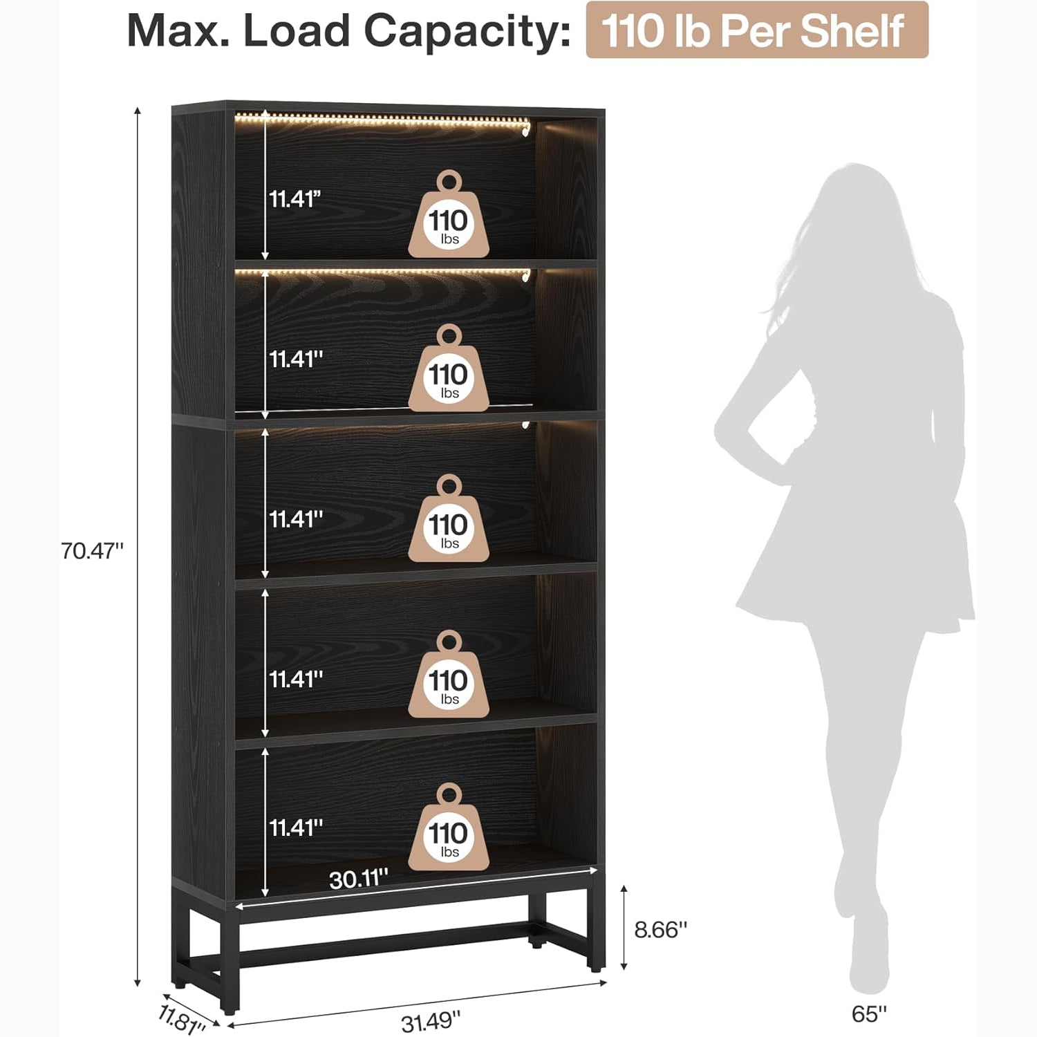 Tribesigns 70.8-Inch Tall Bookcase with LED Lights, 5-Tier Black Bookshelf Organizer
