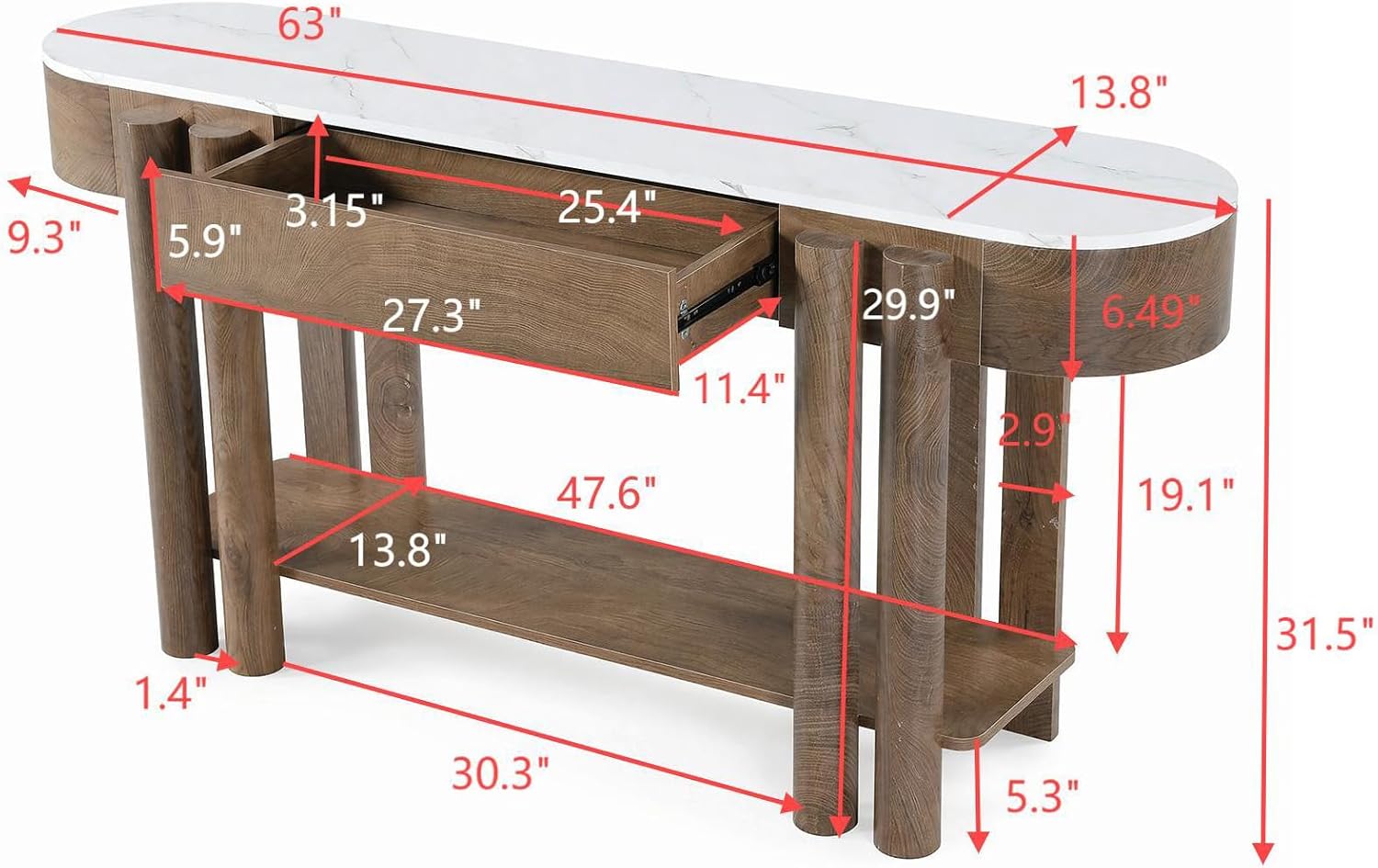 63" Console Sofa Tables, Modern 2-Tier Entryway Table with Faux Marble Tabletop and Drawer