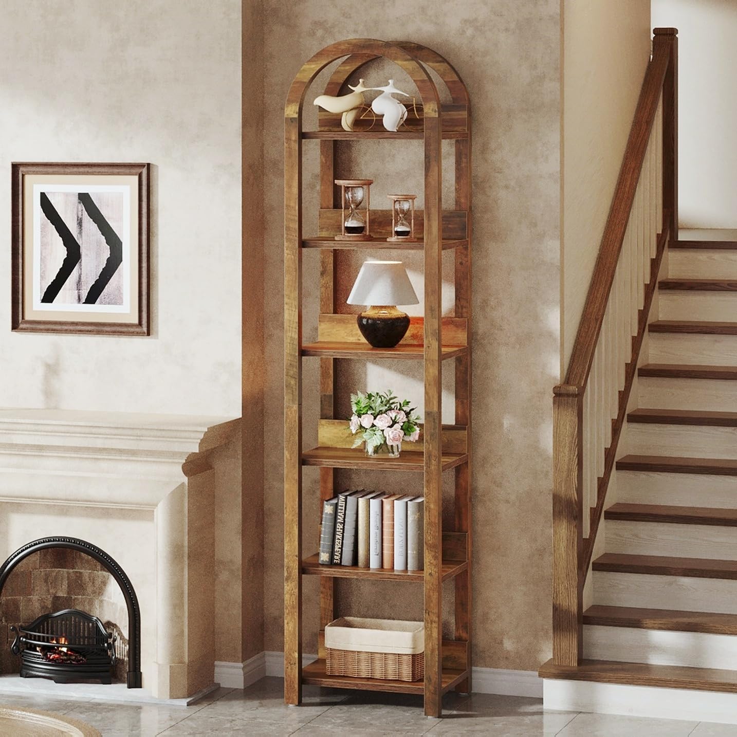 71" Narrow Bookshelf, 6-Tier Arched Bookcase Display Shelf Open Storage Rack