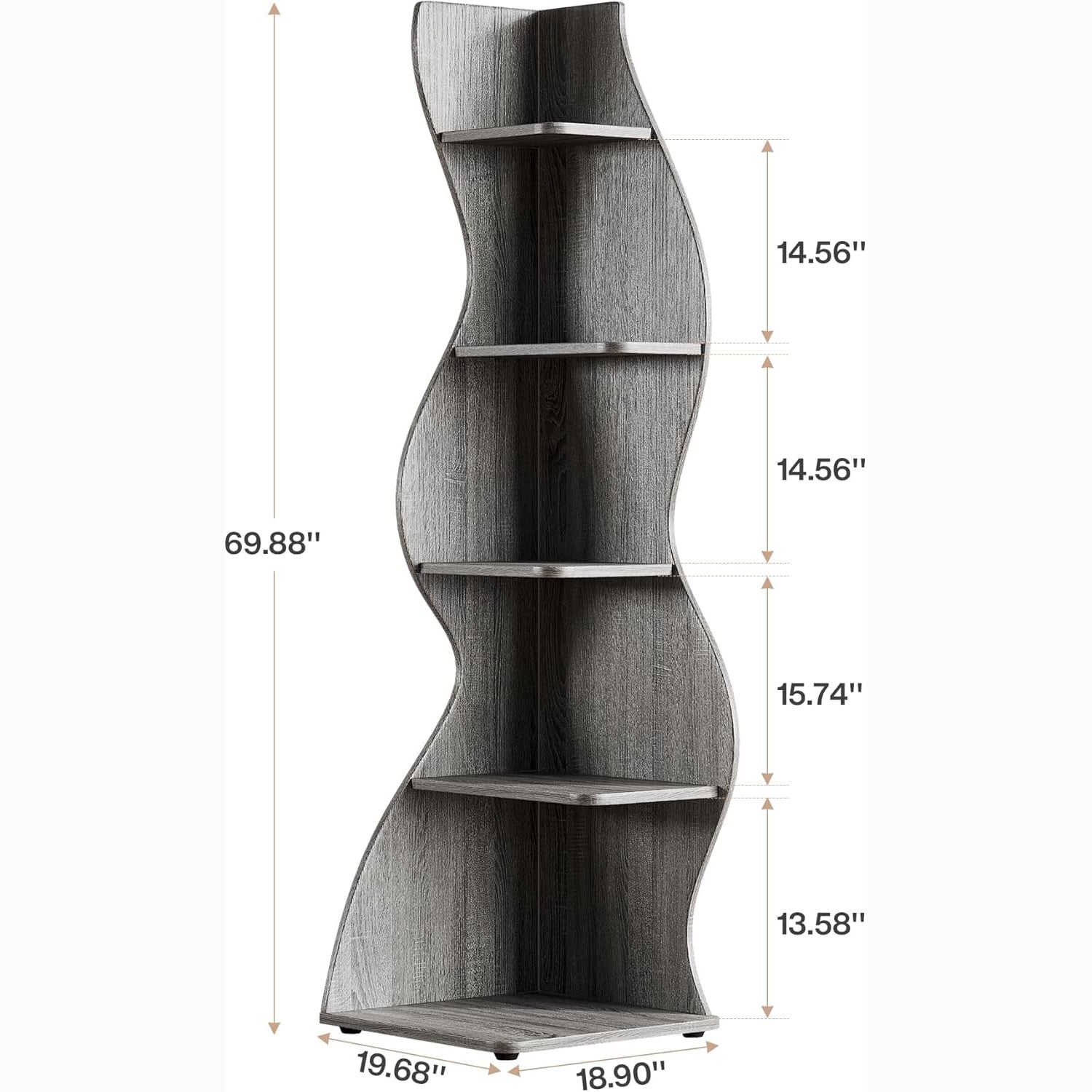Tribesigns Wavy Corner Shelf, Modern 5-Tier Curved Bookshelf for Small Spaces