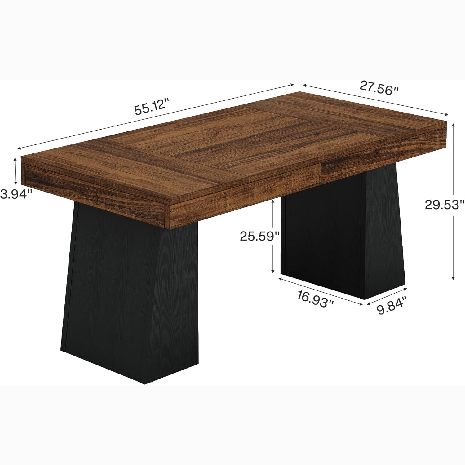 55 Inch Farmhouse Double Pedestal Dining Table, Rectangular Table for 4-6 in Small Spaces