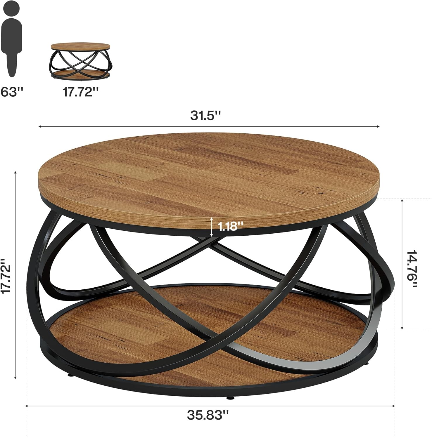 Round Coffee Table, 2-Tier Circle Center Table with Storage Shelves