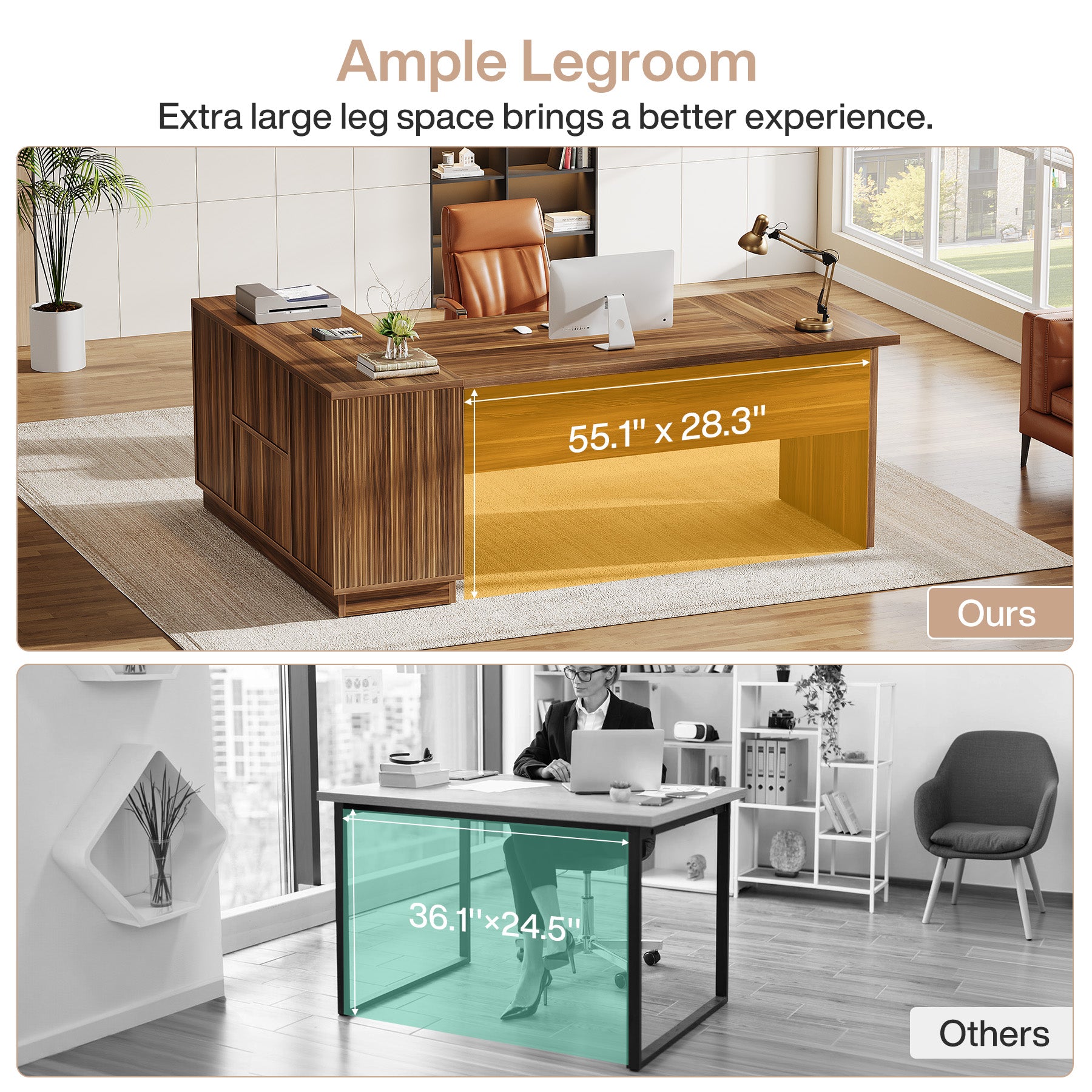 71" Executive Desk, L-Shaped Office Computer Table with File Cabinet