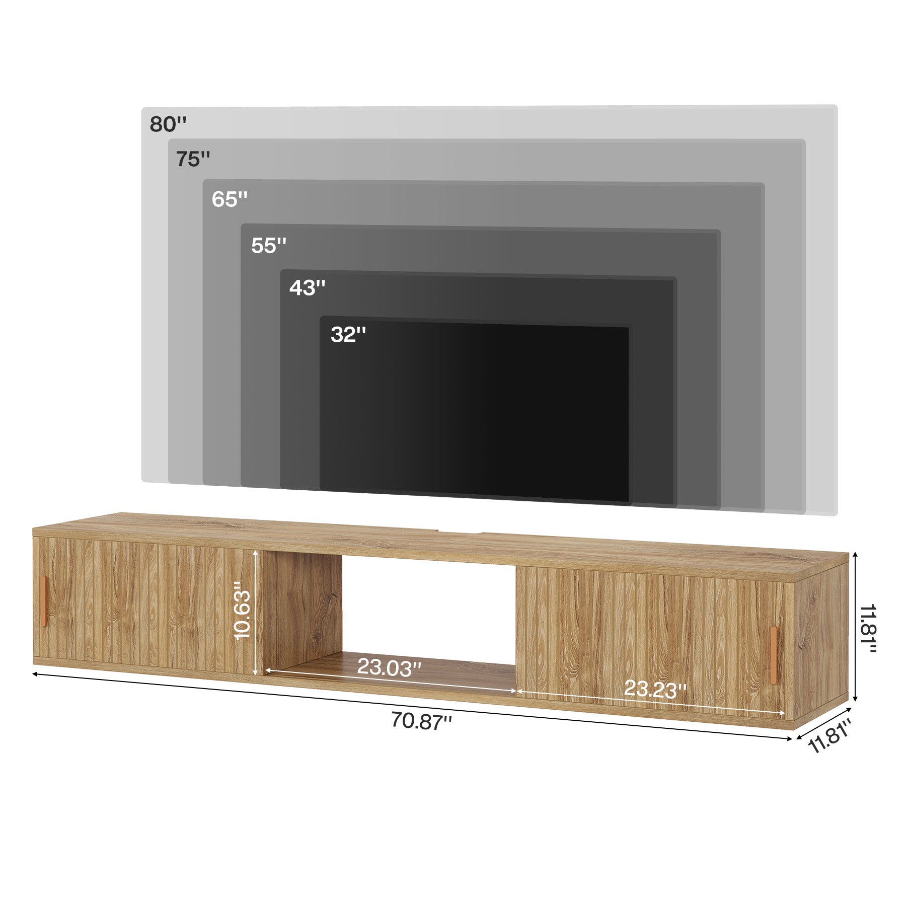 71" Floating TV Stand, Wall Mounted Entertainment Center with Fluted Sliding Door