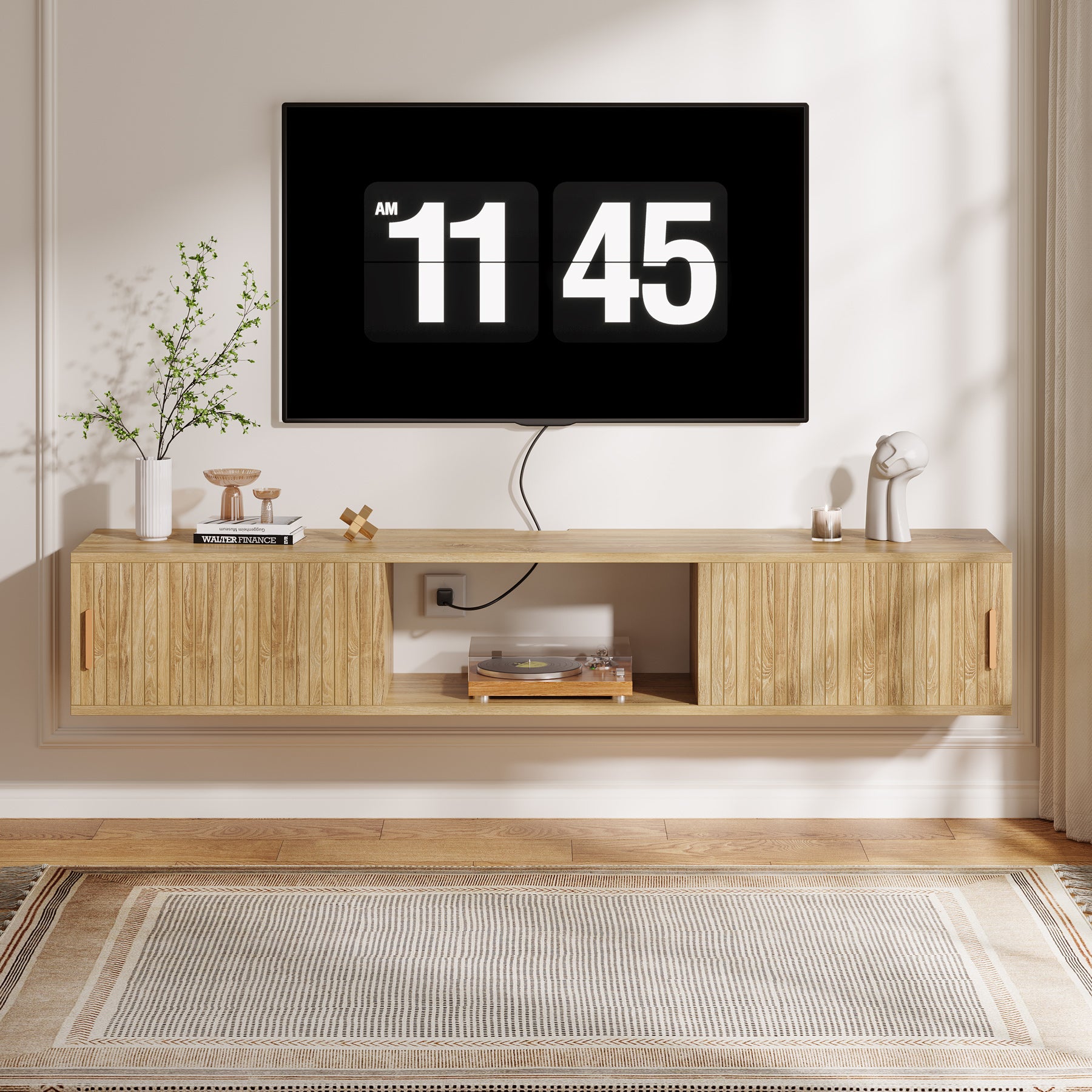 71" Floating TV Stand, Wall Mounted Entertainment Center with Fluted Sliding Door