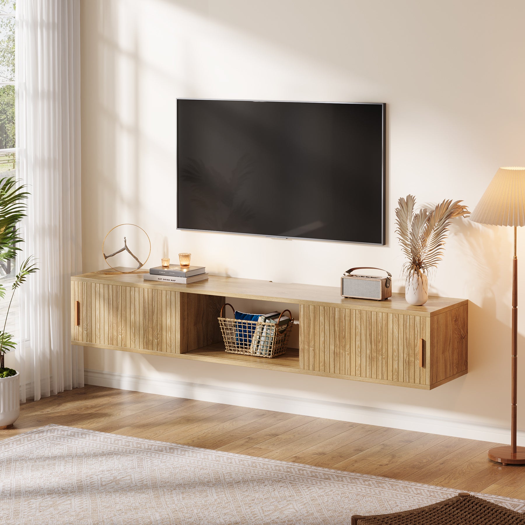 71" Floating TV Stand, Wall Mounted Entertainment Center with Fluted Sliding Door