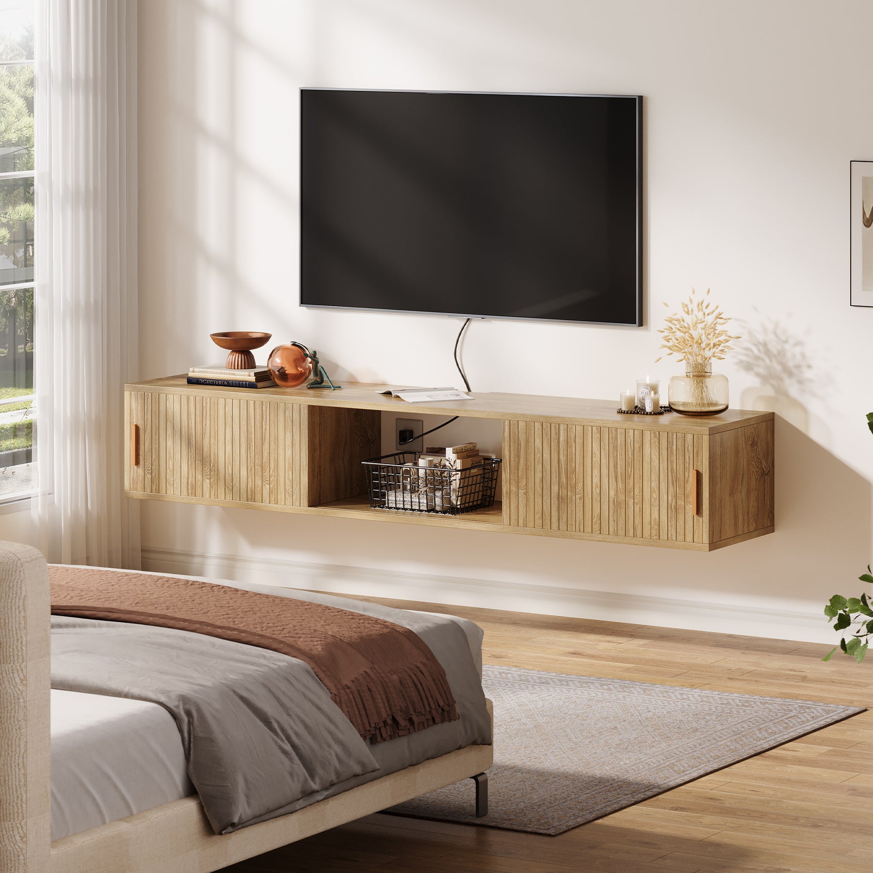 71" Floating TV Stand, Wall Mounted Entertainment Center with Fluted Sliding Door