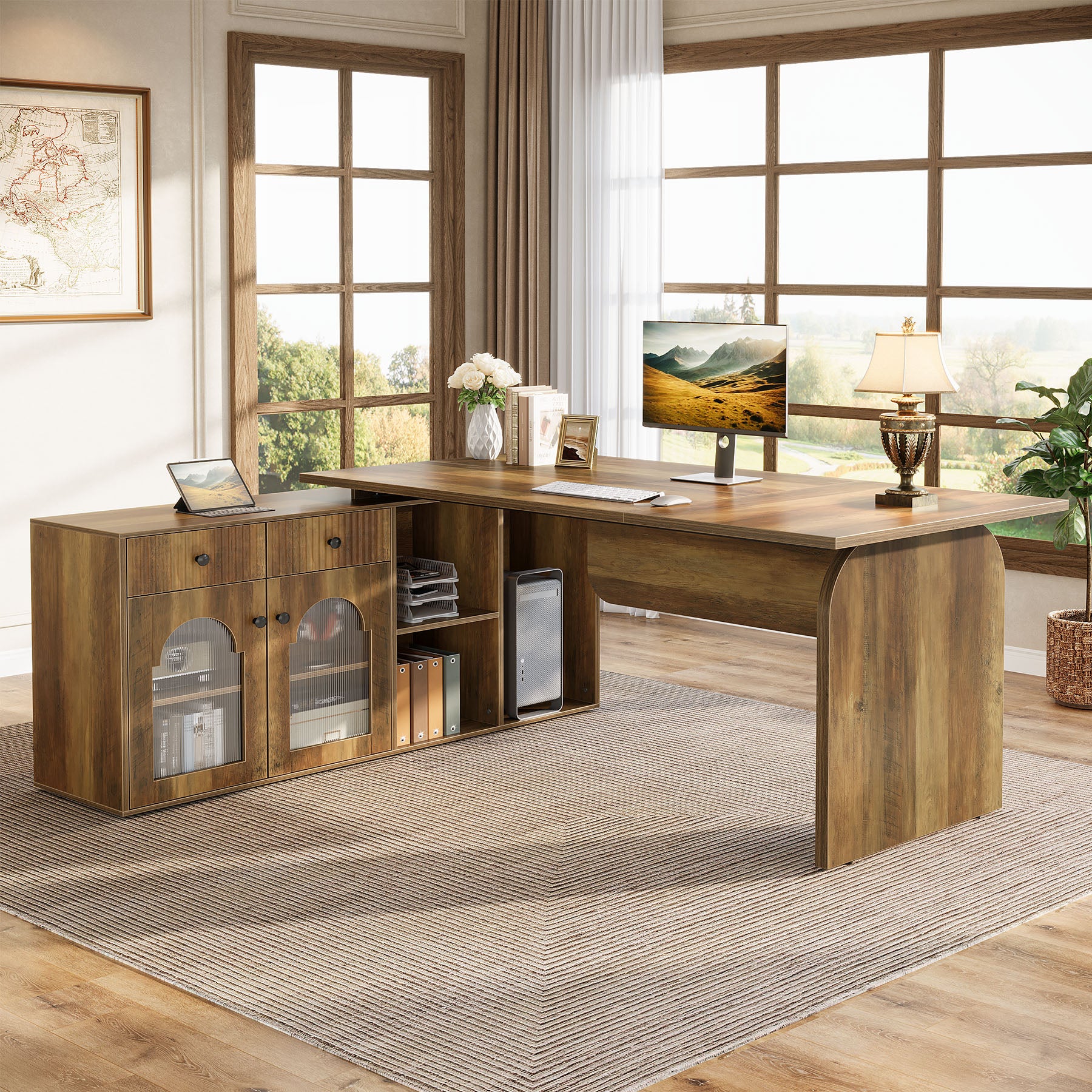 71" L-Shaped Computer Desk, Executive Office Desk with File Cabinet