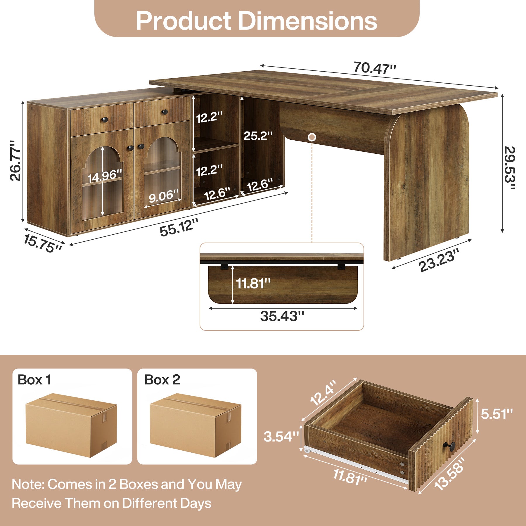 71" L-Shaped Computer Desk, Executive Office Desk with File Cabinet
