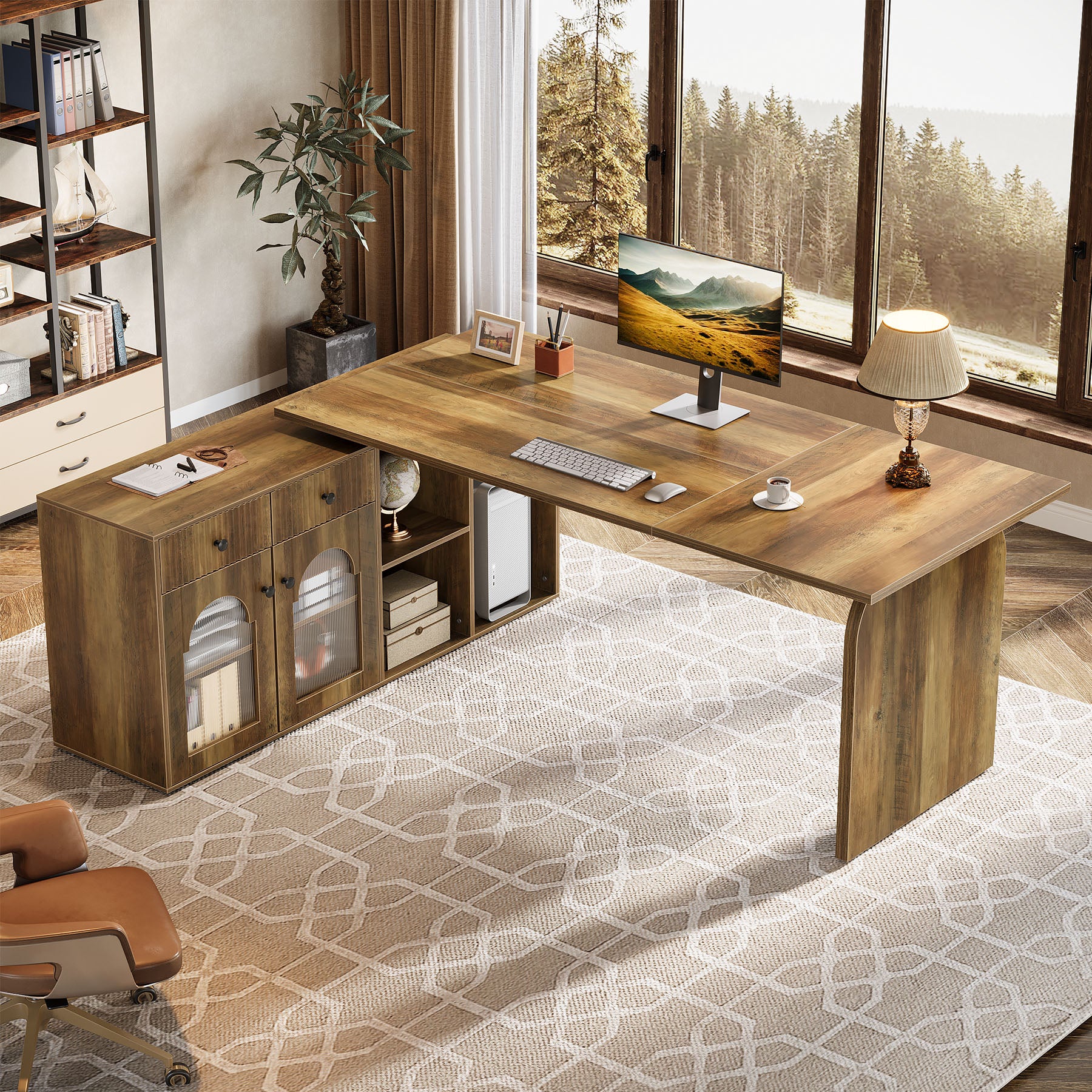 71" L-Shaped Computer Desk, Executive Office Desk with File Cabinet