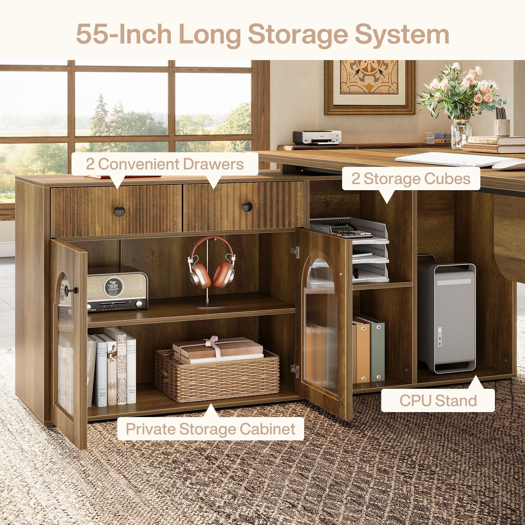 71" L-Shaped Computer Desk, Executive Office Desk with File Cabinet