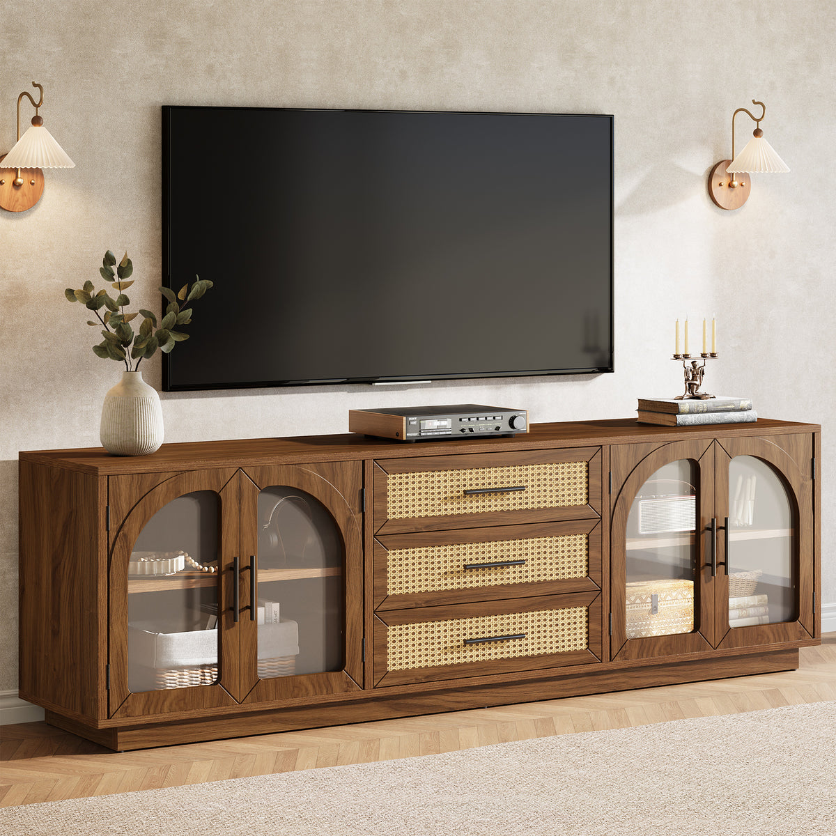 71" Mid-Century Modern TV Stand, Media Console Table with 2 Cabinets & 3 Rattan Drawers