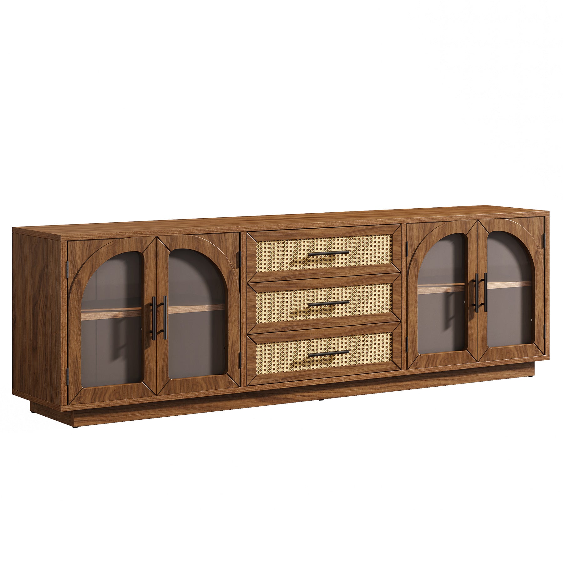 71" Mid-Century Modern TV Stand, Media Console Table with 2 Cabinets & 3 Rattan Drawers