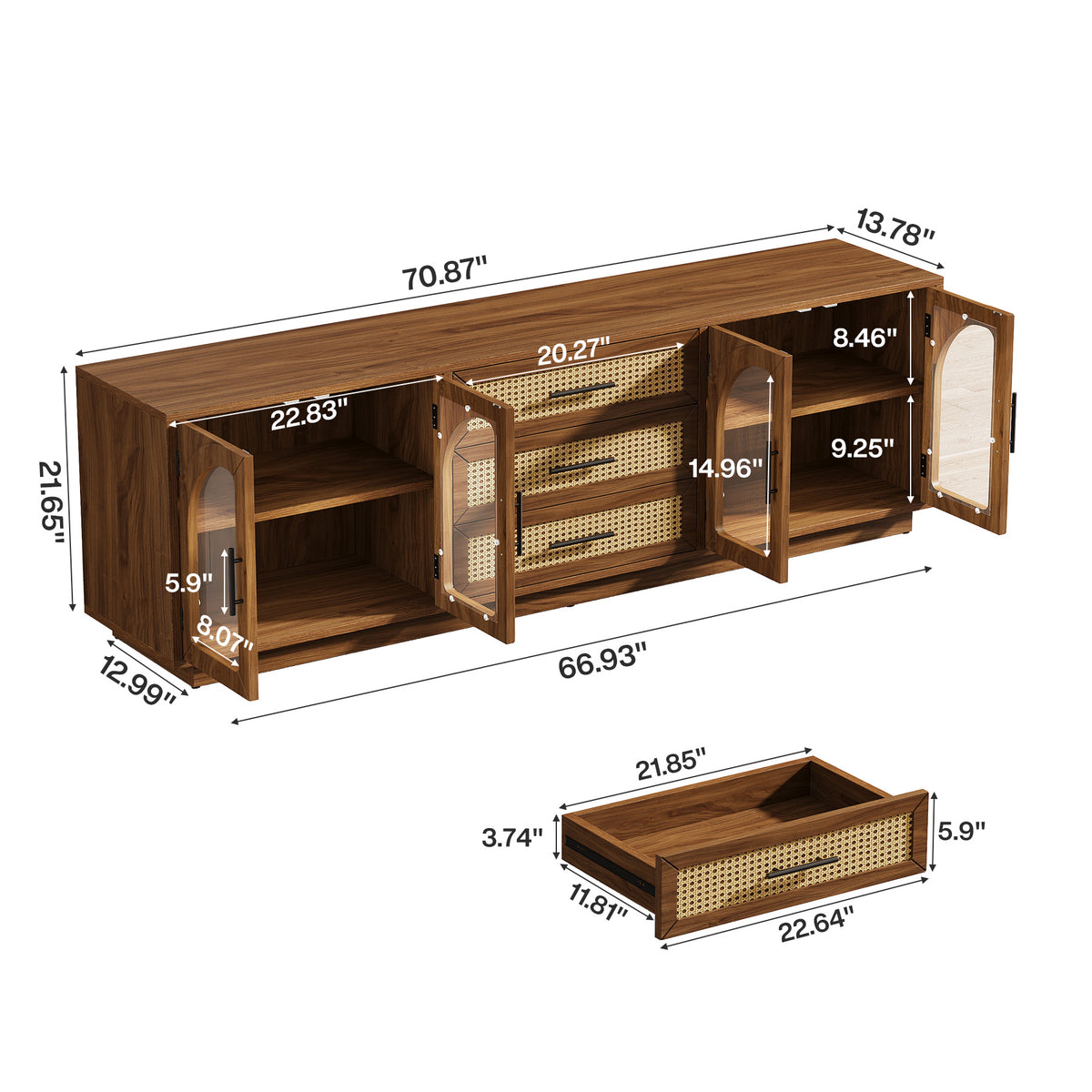 71" Mid-Century Modern TV Stand, Media Console Table with 2 Cabinets & 3 Rattan Drawers