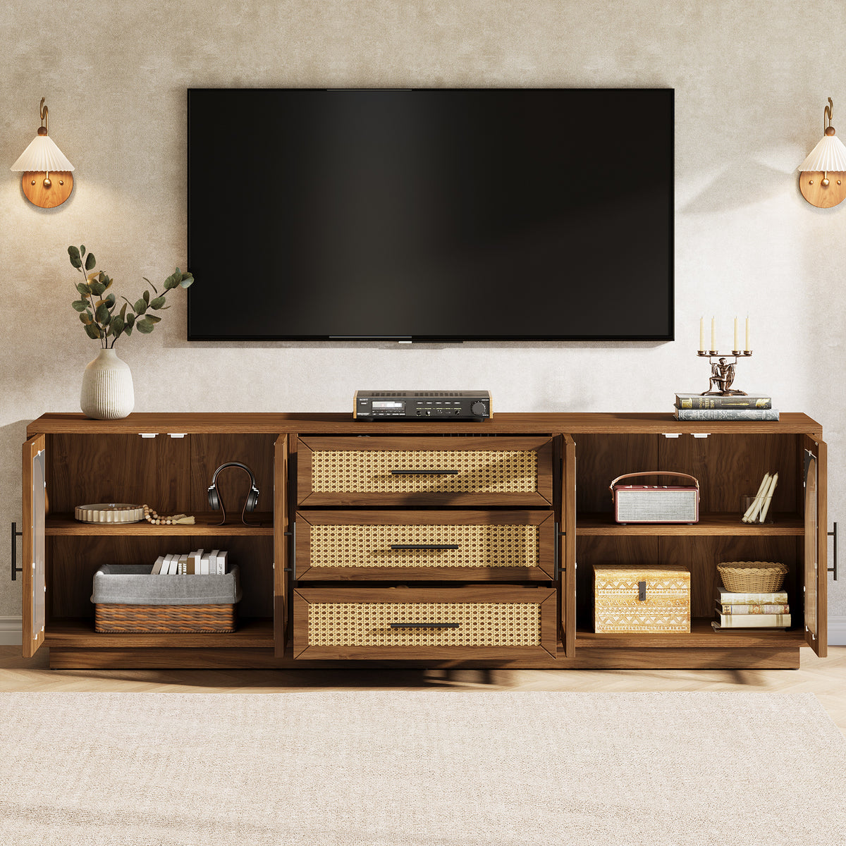 71" Mid-Century Modern TV Stand, Media Console Table with 2 Cabinets & 3 Rattan Drawers