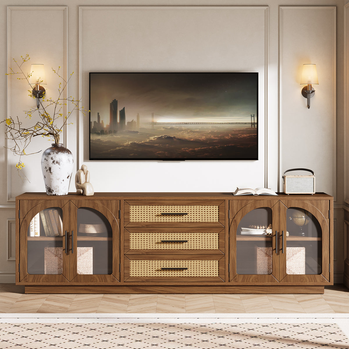 71" Mid-Century Modern TV Stand, Media Console Table with 2 Cabinets & 3 Rattan Drawers