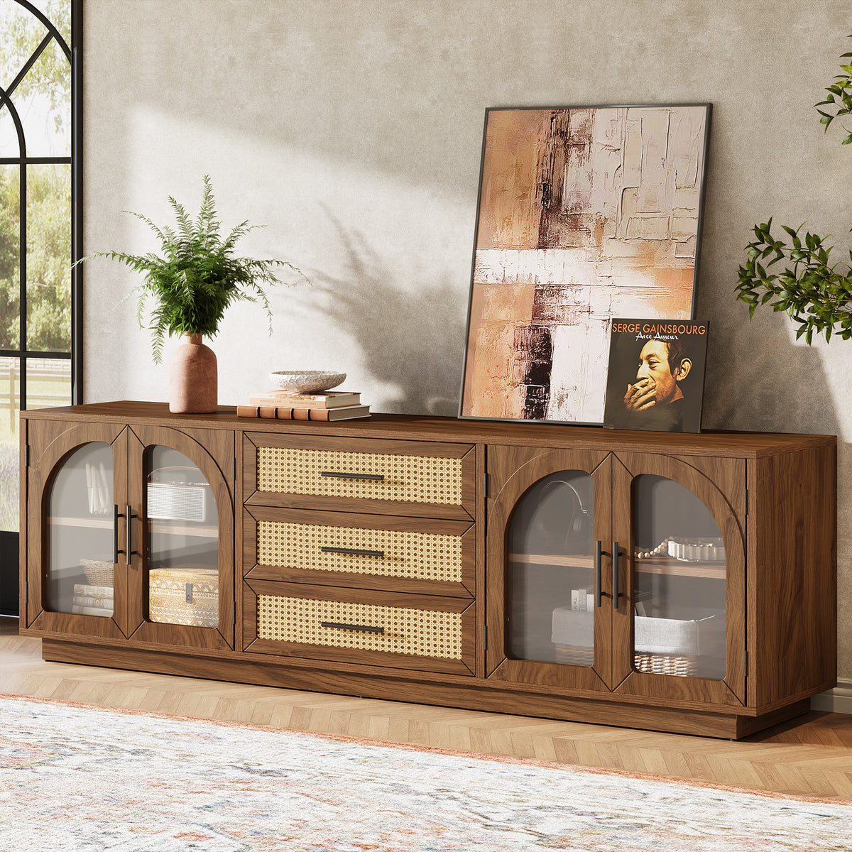 71" Mid-Century Modern TV Stand, Media Console Table with 2 Cabinets & 3 Rattan Drawers
