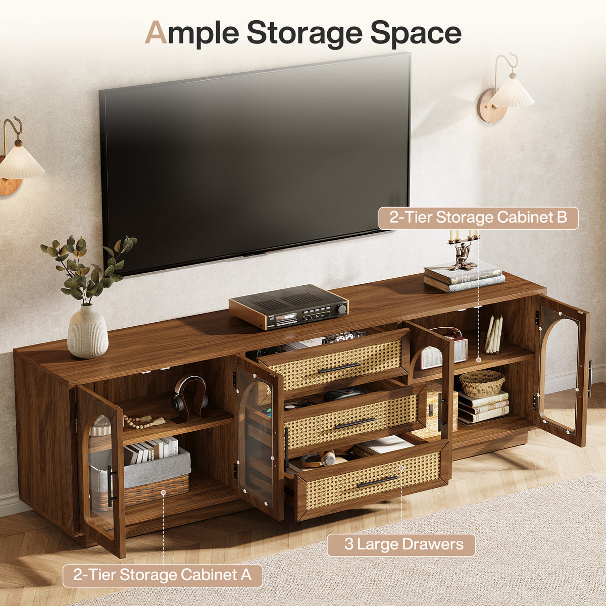71" Mid-Century Modern TV Stand, Media Console Table with 2 Cabinets & 3 Rattan Drawers