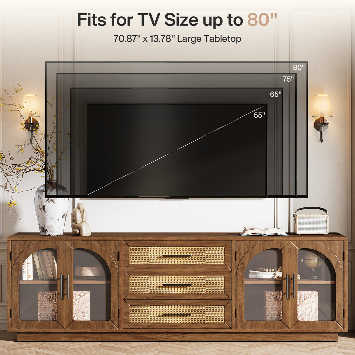 71" Mid-Century Modern TV Stand, Media Console Table with 2 Cabinets & 3 Rattan Drawers