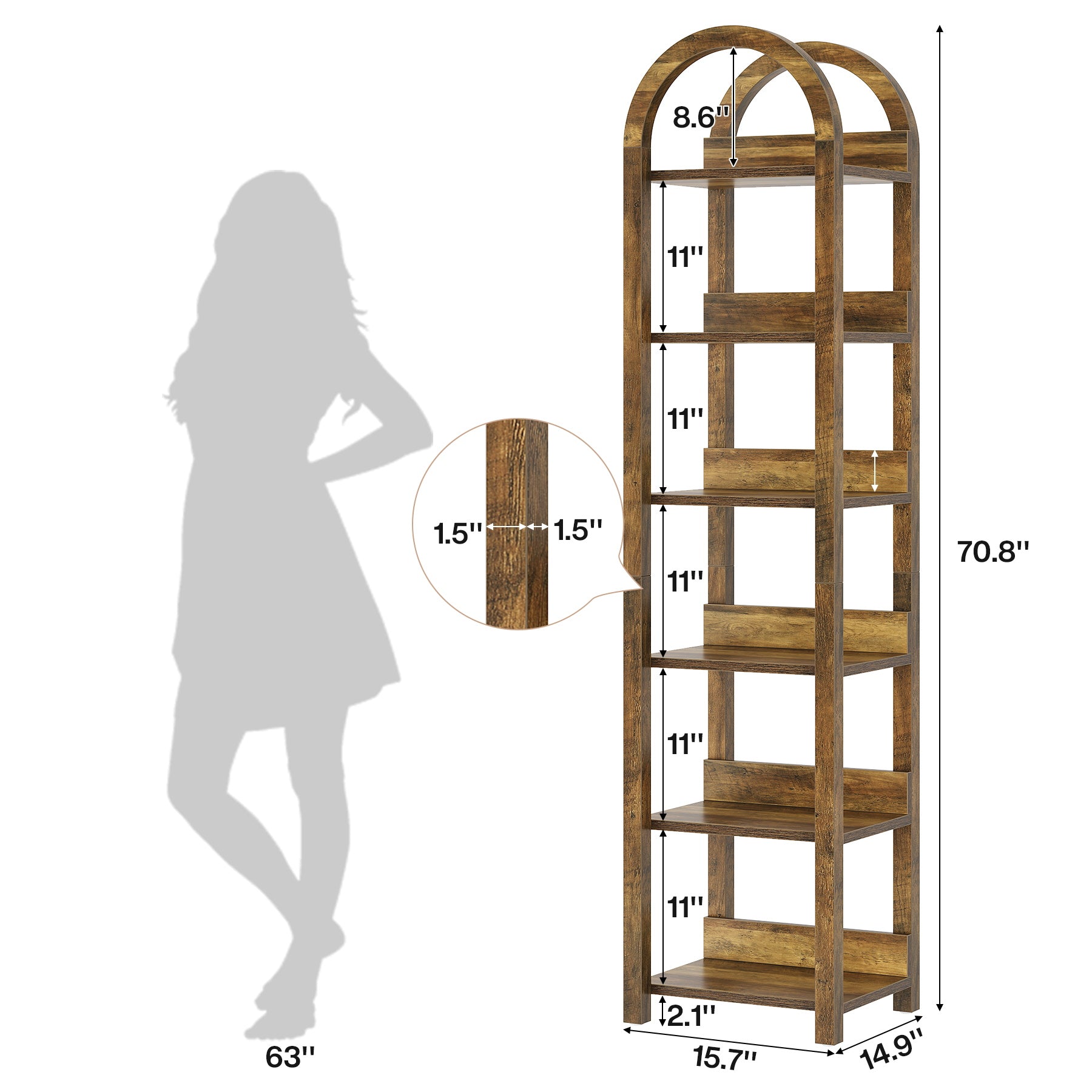 71" Narrow Bookshelf, 6-Tier Arched Bookcase Display Shelf Open Storage Rack
